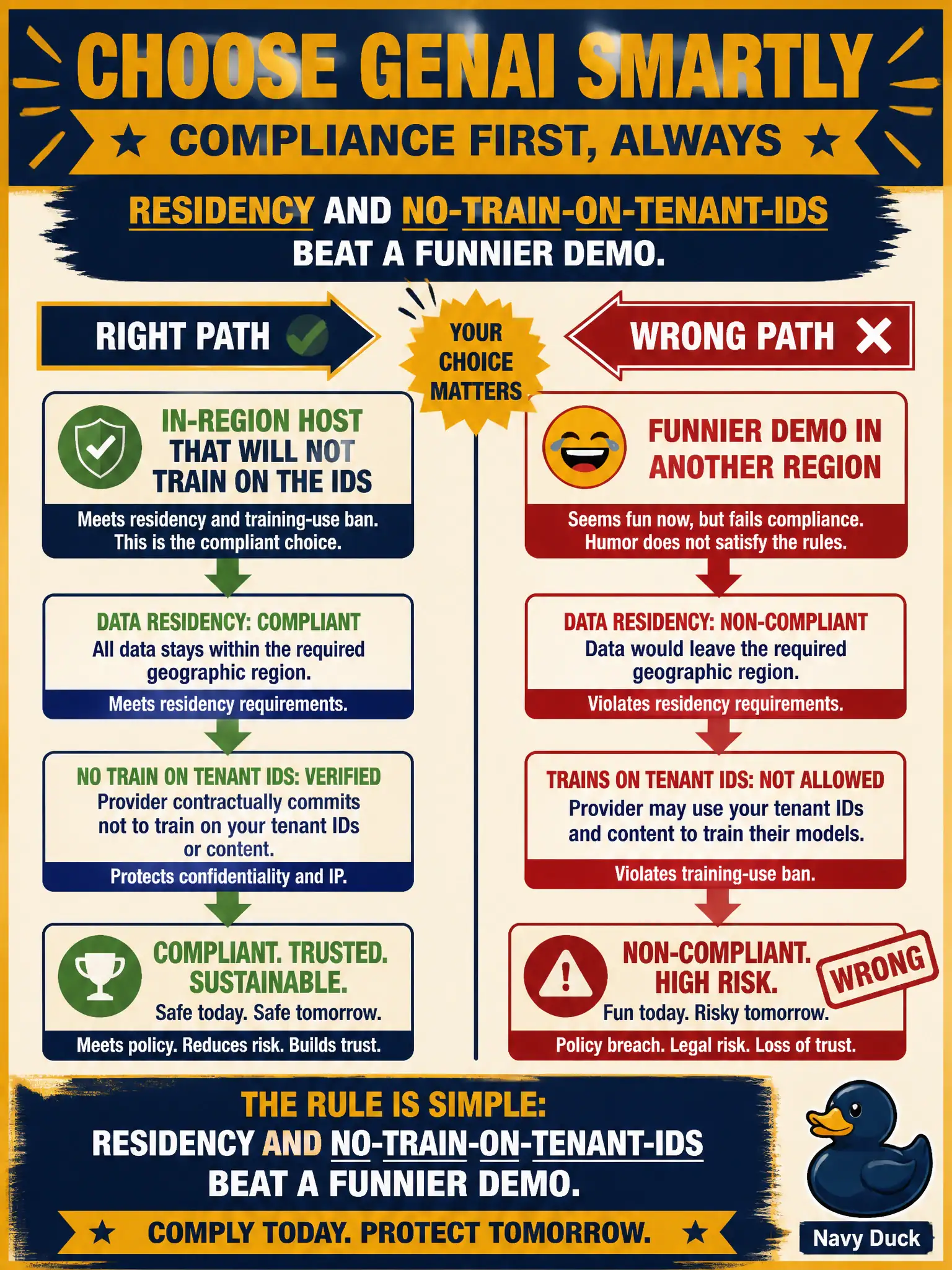 To Create an exciting colorful infographic that explains the concepts in the question: Question: A creamery's shift logs include employee IDs that must stay in one region and must not be used to train a vendor's public base model. A demo from another region was funnier. Which constraint should win? Correct Answer: Residency and a no-train-on-tenant-IDs rule beat a funnier demo. Put EVERY visible label in double quotes. No people. No A/B/C/D letters. In one of the four corners put a little "Navy Duck".