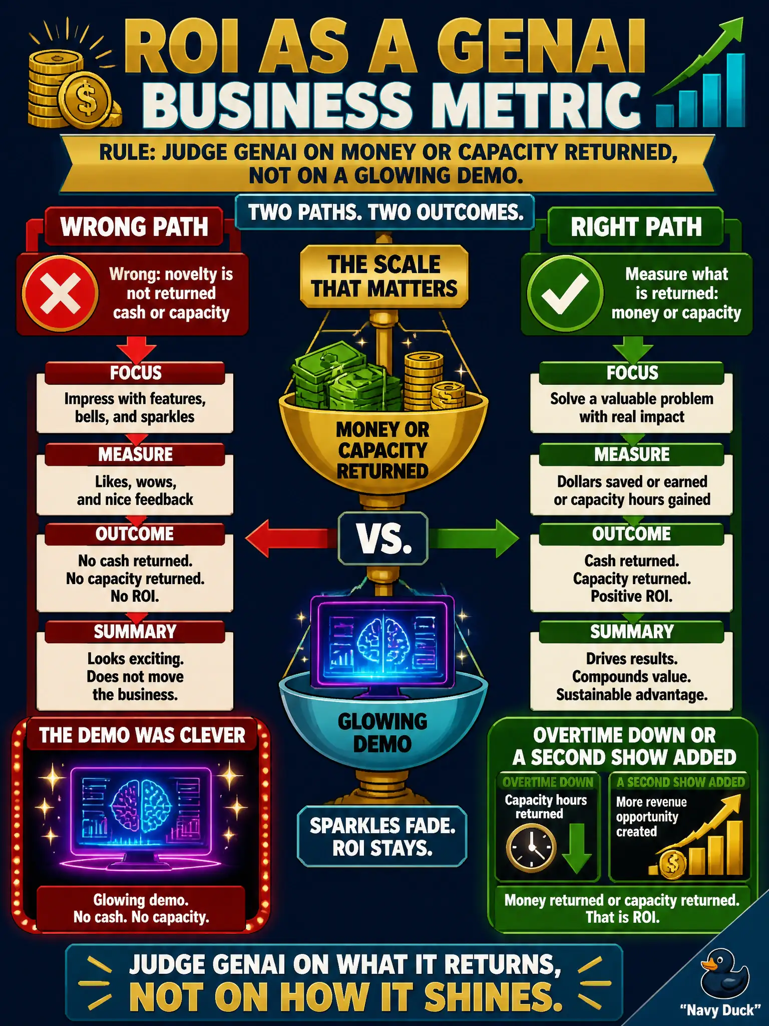 To Create an exciting colorful infographic that explains the concepts in the question: Question: A community-theater helper writes clever Saturday-show blurbs, but paid overtime did not drop and the theater did not add a second show. Which measure should leadership ask for? Correct Answer: ROI: money or capacity returned, not a glowing demo. Put EVERY visible label in double quotes. No people. No A/B/C/D letters. In one of the four corners put a little "Navy Duck".