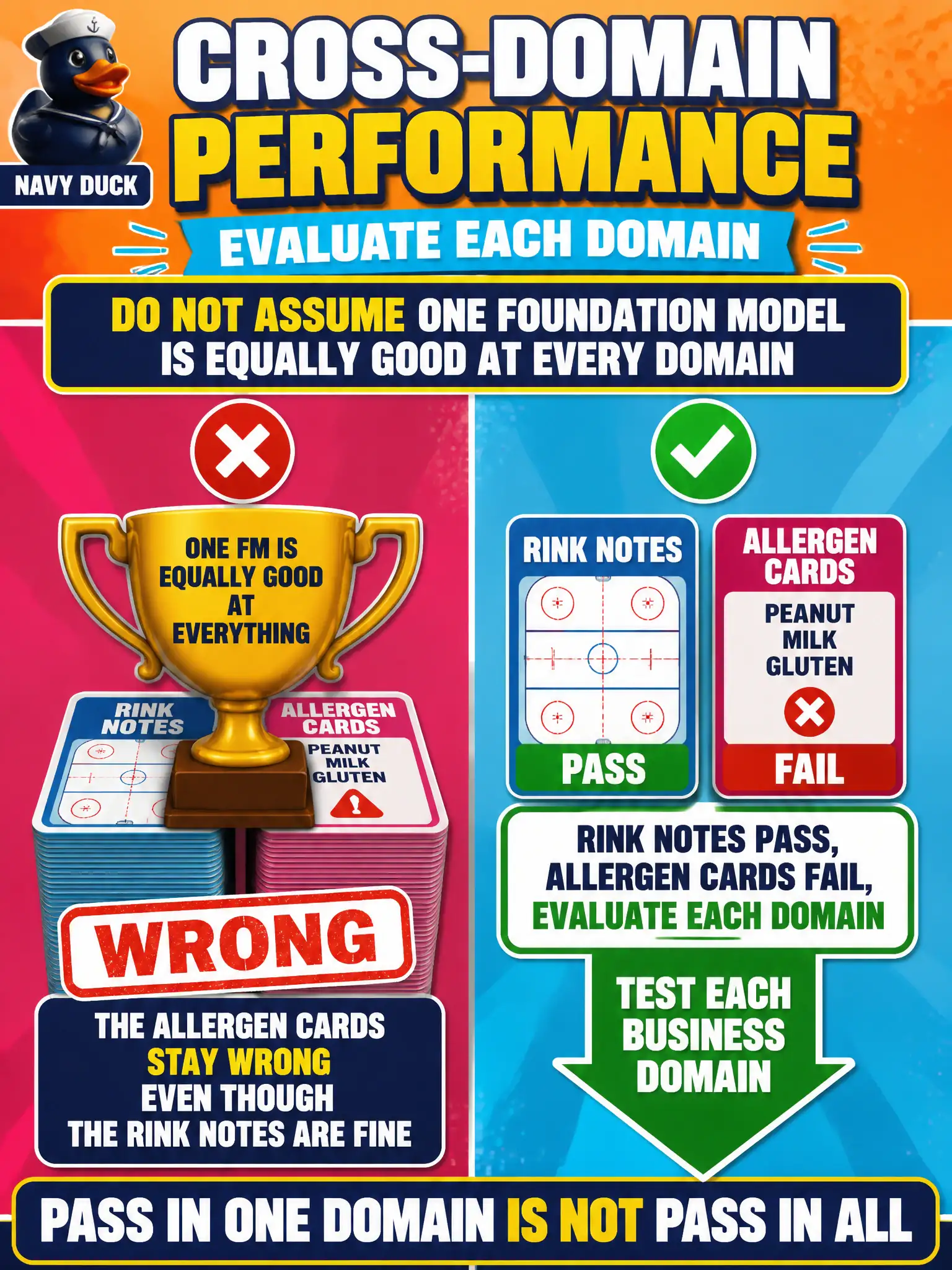 To Create an exciting colorful infographic that explains the concepts in the question: Question: The same foundation model drafts ice-rink closure notes well and drafts creamery allergen cards poorly, run after run. A vendor says one FM is equally good at every business domain. Which statement is accurate? Correct Answer: Uneven cross-domain performance is a selection and evaluation issue. Put EVERY visible label in double quotes. No people. No A/B/C/D letters. In one of the four corners put a little "Navy Duck".