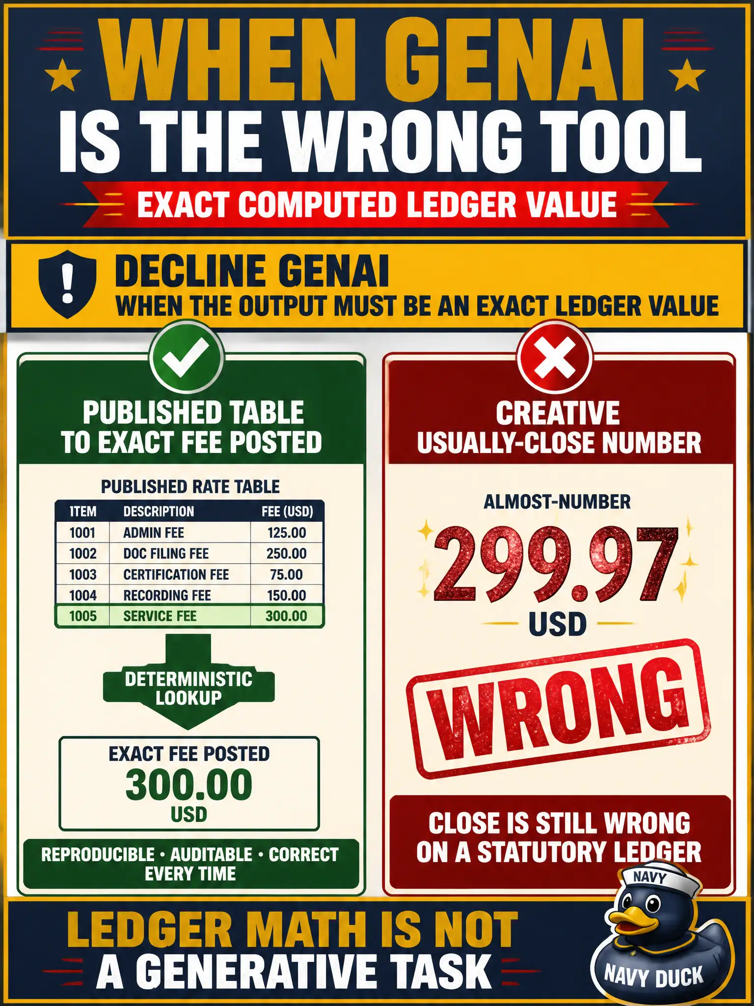 To Create an exciting colorful infographic that explains the concepts in the question: Question: A scout council must post badge-fee totals to a statutory ledger. The amount has to match the published table exactly. A vendor offers a creative GenAI number that is usually close. Which action should the council take? Correct Answer: Decline GenAI; use the existing exact calculation. Put EVERY visible label in double quotes. No people. No A/B/C/D letters. In one of the four corners put a little "Navy Duck".