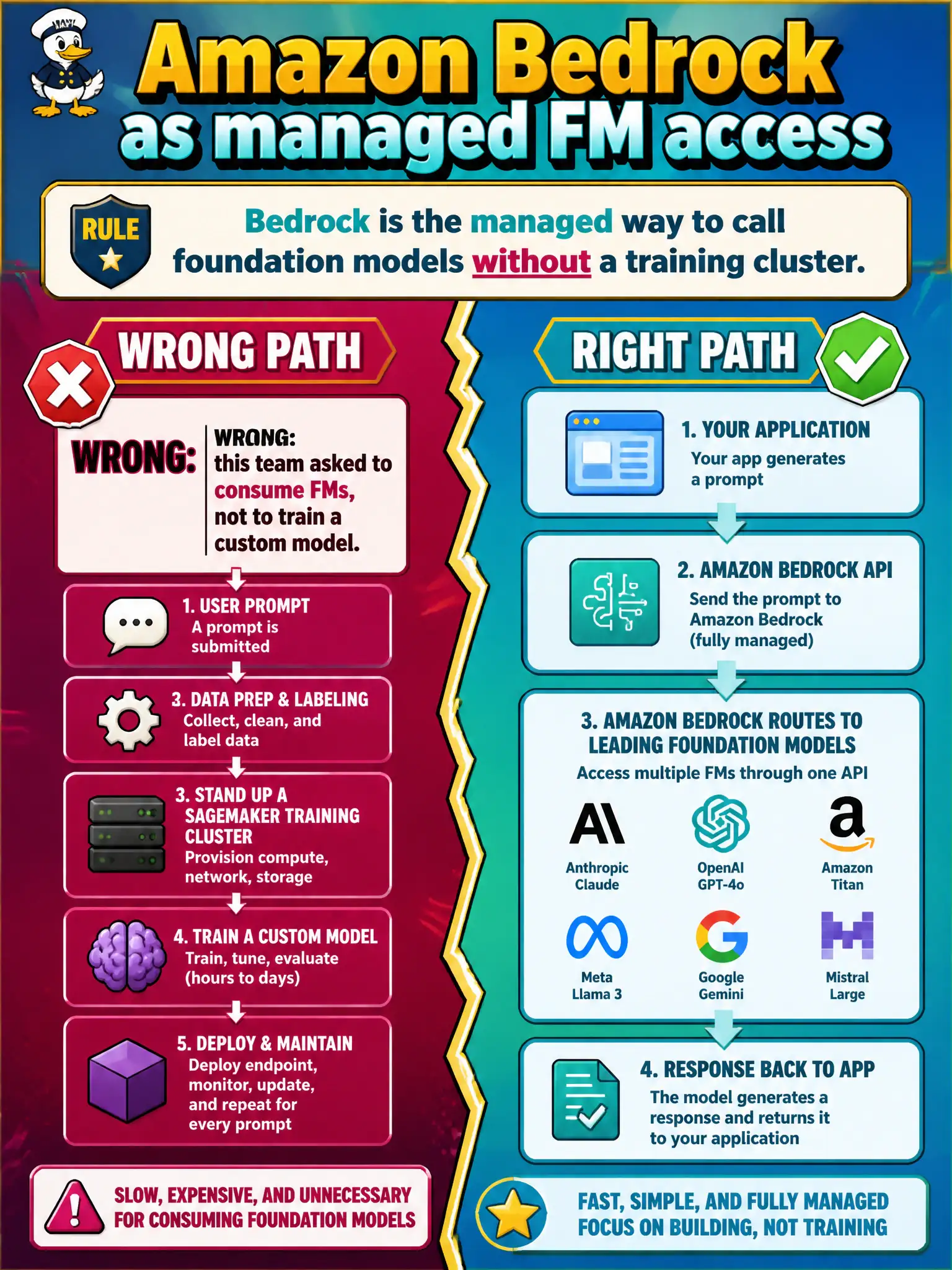To Create an exciting colorful infographic that explains the concepts in the question: Question: A quilting-shop app team wants to call several foundation models through an API and does not want to stand up training clusters. Which AWS service matches this job? Correct Answer: Amazon Bedrock, the managed way to consume foundation models. Put EVERY visible label in double quotes. No people. No A/B/C/D letters. In one of the four corners put a little "Navy Duck".