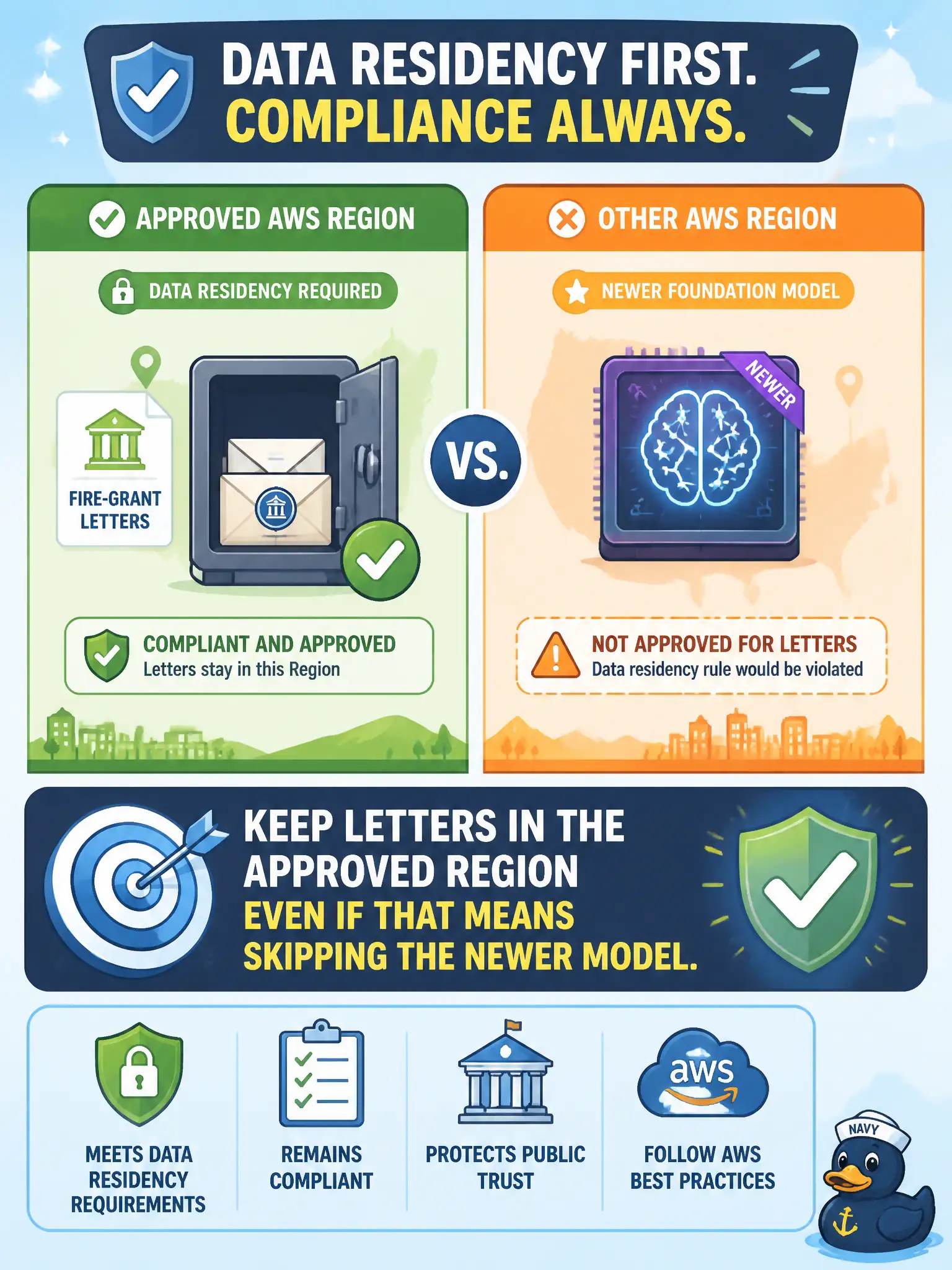 To Create an exciting colorful infographic that explains the concepts in the question: Question: A fire-grant office must keep constituent letters in an approved AWS Region. Another Region has a newer foundation model. Which hosting choice is correct? Correct Answer: Keep the letters in the approved Region, even if that means skipping the newer model. Put EVERY visible label in double quotes. No people. No A/B/C/D letters. In one of the four corners put a little "Navy Duck".
