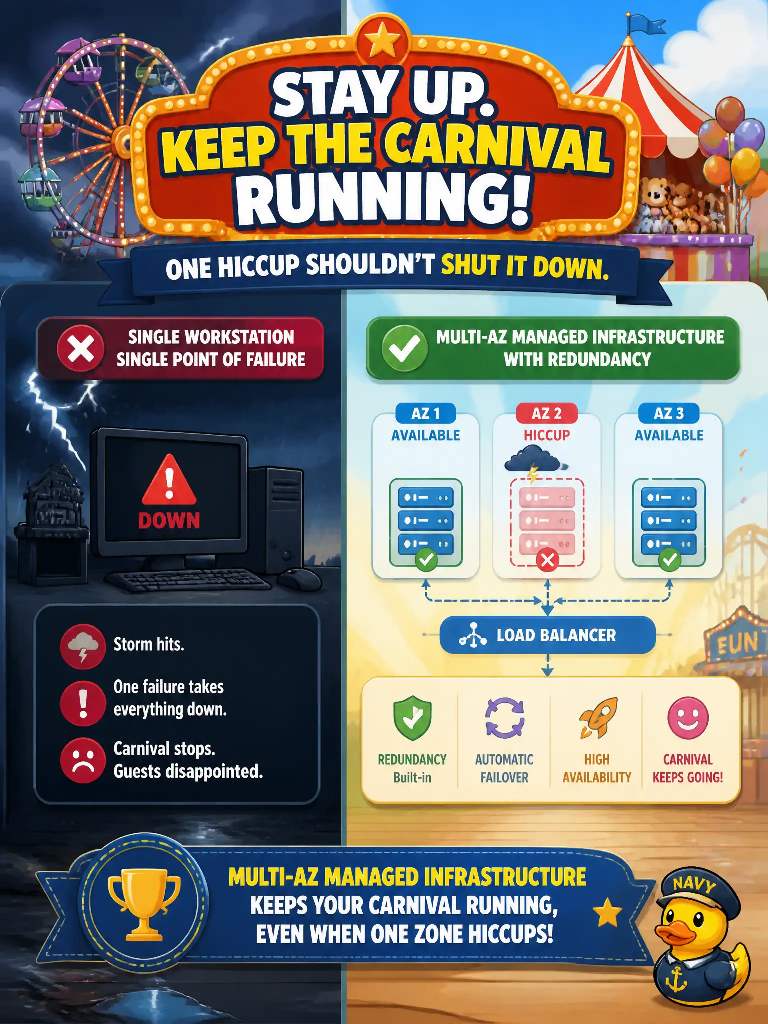 To Create an exciting colorful infographic that explains the concepts in the question: Question: A carnival Saturday helper must stay up if a single Availability Zone hiccups during the storm-day rush. Which infrastructure choice fits? Correct Answer: Multi-AZ managed infrastructure with redundancy, not a single workstation. Put EVERY visible label in double quotes. No people. No A/B/C/D letters. In one of the four corners put a little "Navy Duck".