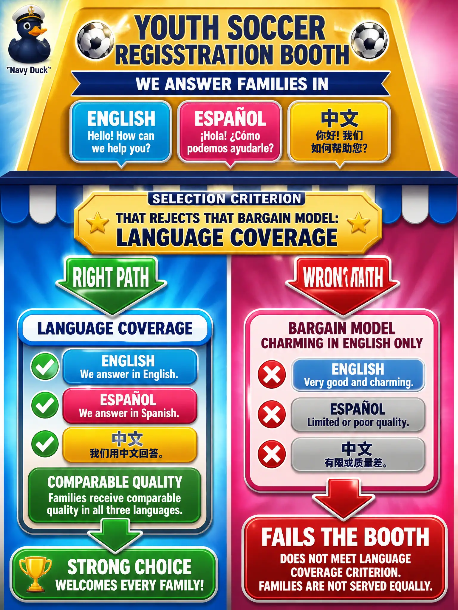 To Create an exciting colorful infographic that explains the concepts in the question: Question: A youth-soccer registration booth must answer families in English, Spanish, and Mandarin with comparable quality. A bargain model is charming in English only. Which selection criterion should reject that bargain model? Correct Answer: Language coverage. A model that is strong only in English fails the booth. Put EVERY visible label in double quotes. No people. No A/B/C/D letters. In one of the four corners put a little "Navy Duck".