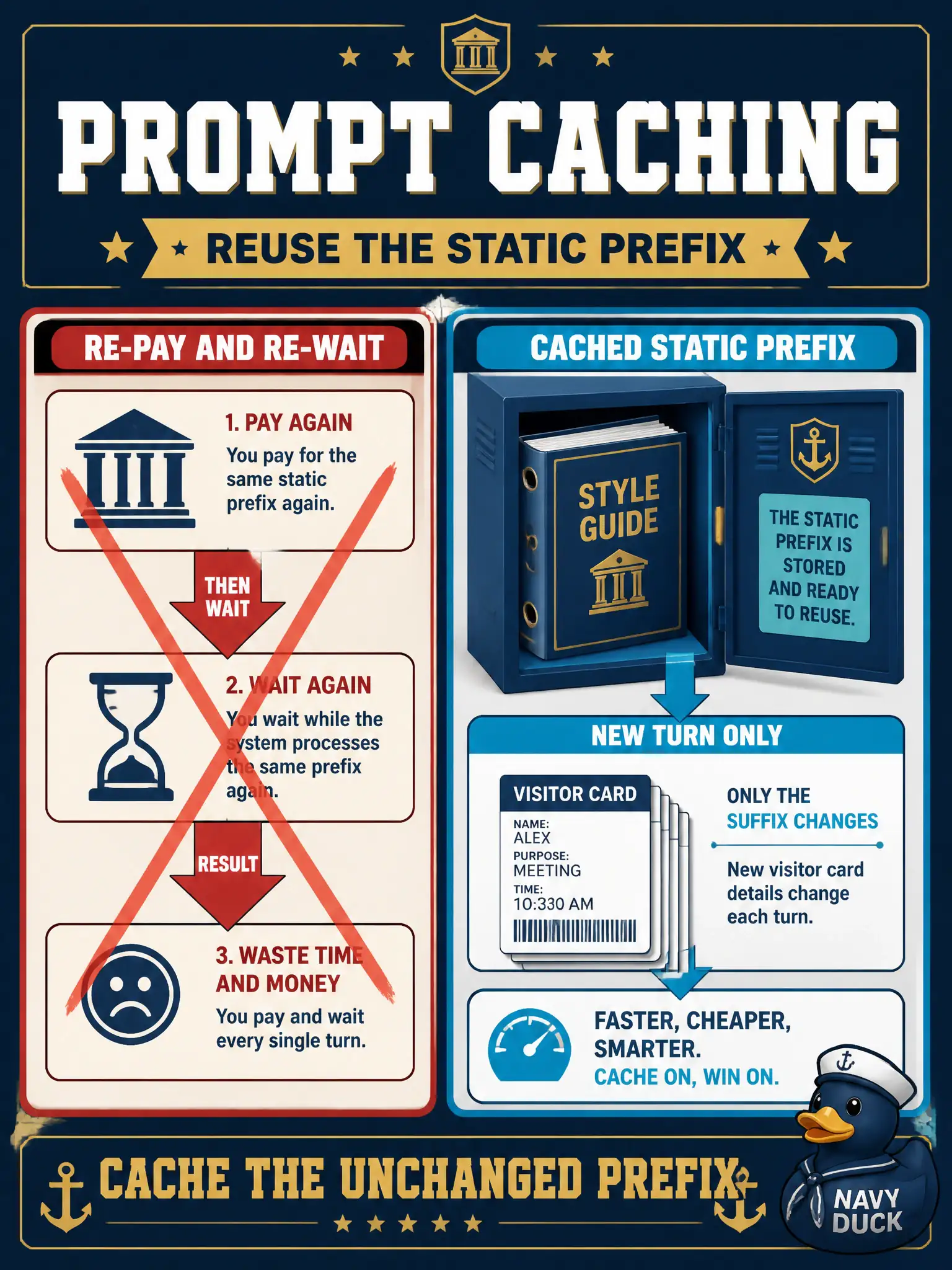 To Create an exciting colorful infographic that explains the concepts in the question: Question: The same courthouse reuses one 40-page style guide on every visitor-card turn. Which design lever avoids re-paying and re-waiting for that unchanged prefix? Correct Answer: Prompt caching for the repeated static prefix. Put EVERY visible label in double quotes. No people. No A/B/C/D letters. In one of the four corners put a little "Navy Duck".