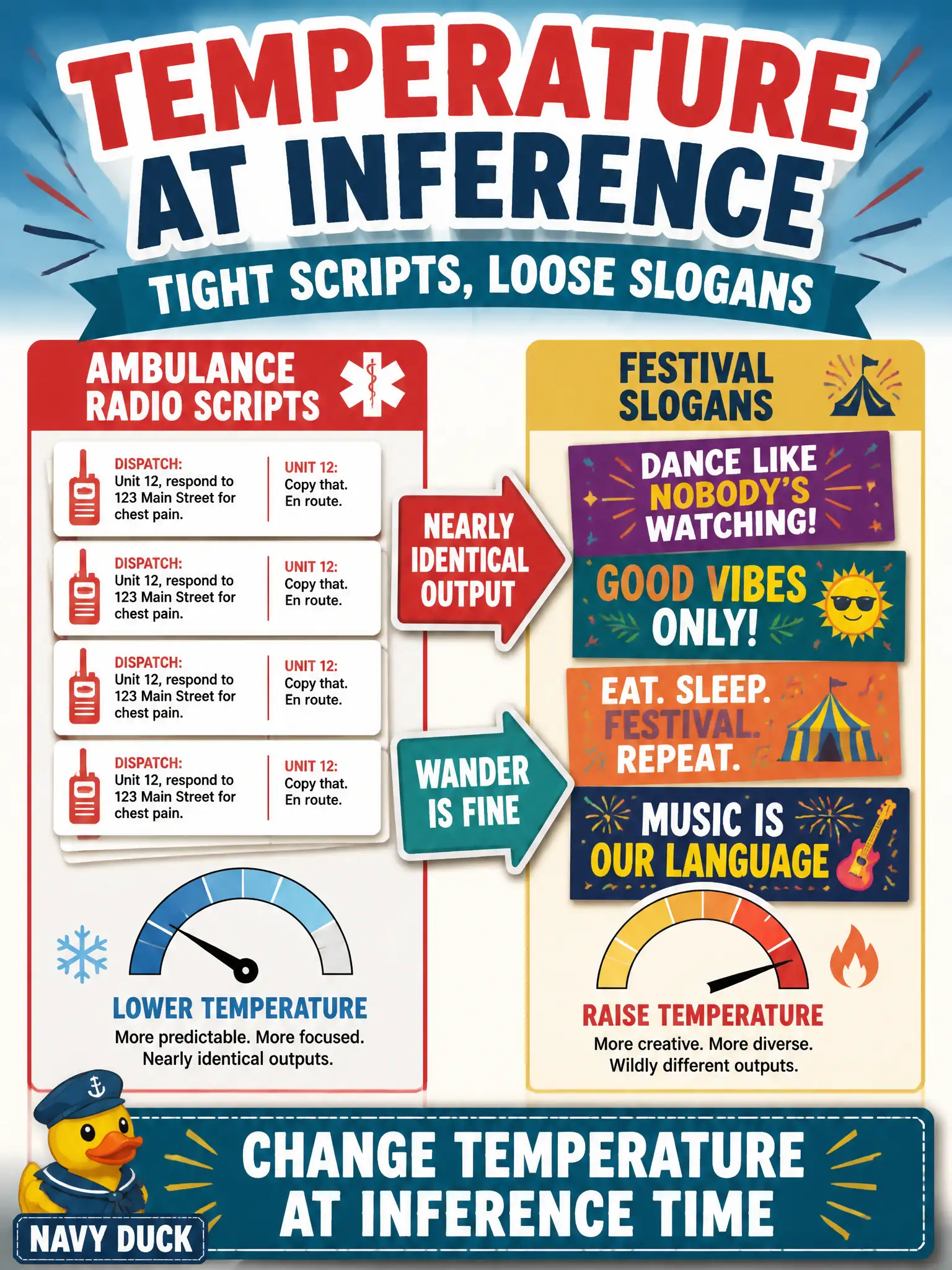 To Create an exciting colorful infographic that explains the concepts in the question: Question: An ambulance-dispatch desk needs every generated radio script nearly identical. A festival slogan can wander. Which inference setting should the team change, and when? Correct Answer: Lower temperature for the scripts and raise it for the slogans, at inference time. Put EVERY visible label in double quotes. No people. No A/B/C/D letters. In one of the four corners put a little "Navy Duck".