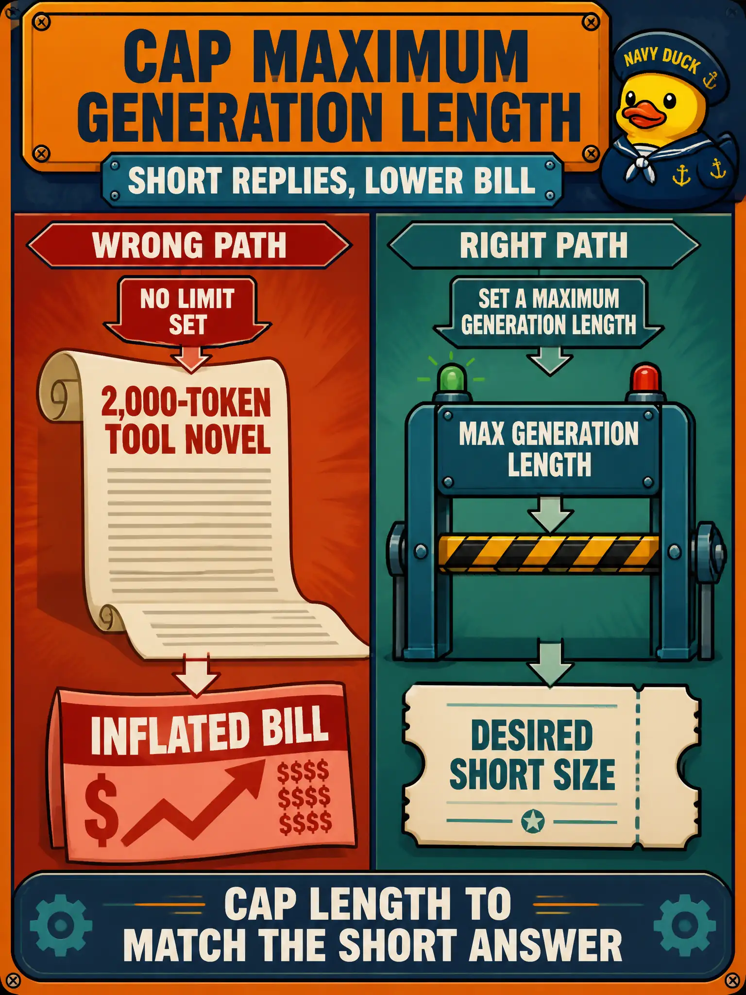 To Create an exciting colorful infographic that explains the concepts in the question: Question: A community makerspace desk allowed 2,000-token answers and now prints tool novels nobody asked for, which also inflates the bill. Which inference control should the team apply? Correct Answer: Cap maximum generation length so replies match the desired short size. Put EVERY visible label in double quotes. No people. No A/B/C/D letters. In one of the four corners put a little "Navy Duck".