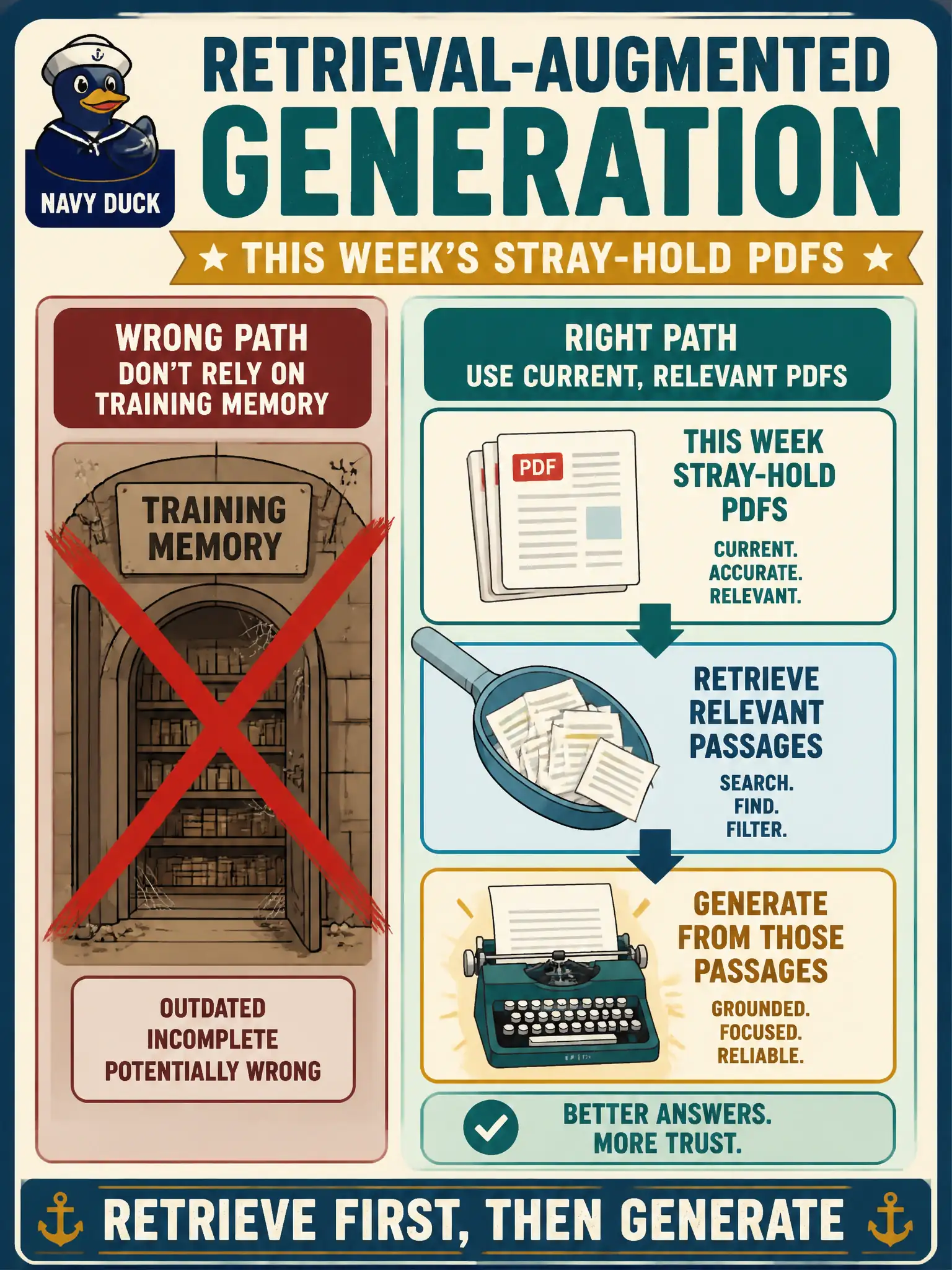 To Create an exciting colorful infographic that explains the concepts in the question: Question: A municipal animal-control desk wants answers assembled from this week’s stray-hold PDFs rather than from the model’s training memory. Which application architecture is that? Correct Answer: Retrieval-augmented generation: retrieve relevant passages, then generate from those passages. Put EVERY visible label in double quotes. No people. No A/B/C/D letters. In one of the four corners put a little "Navy Duck".