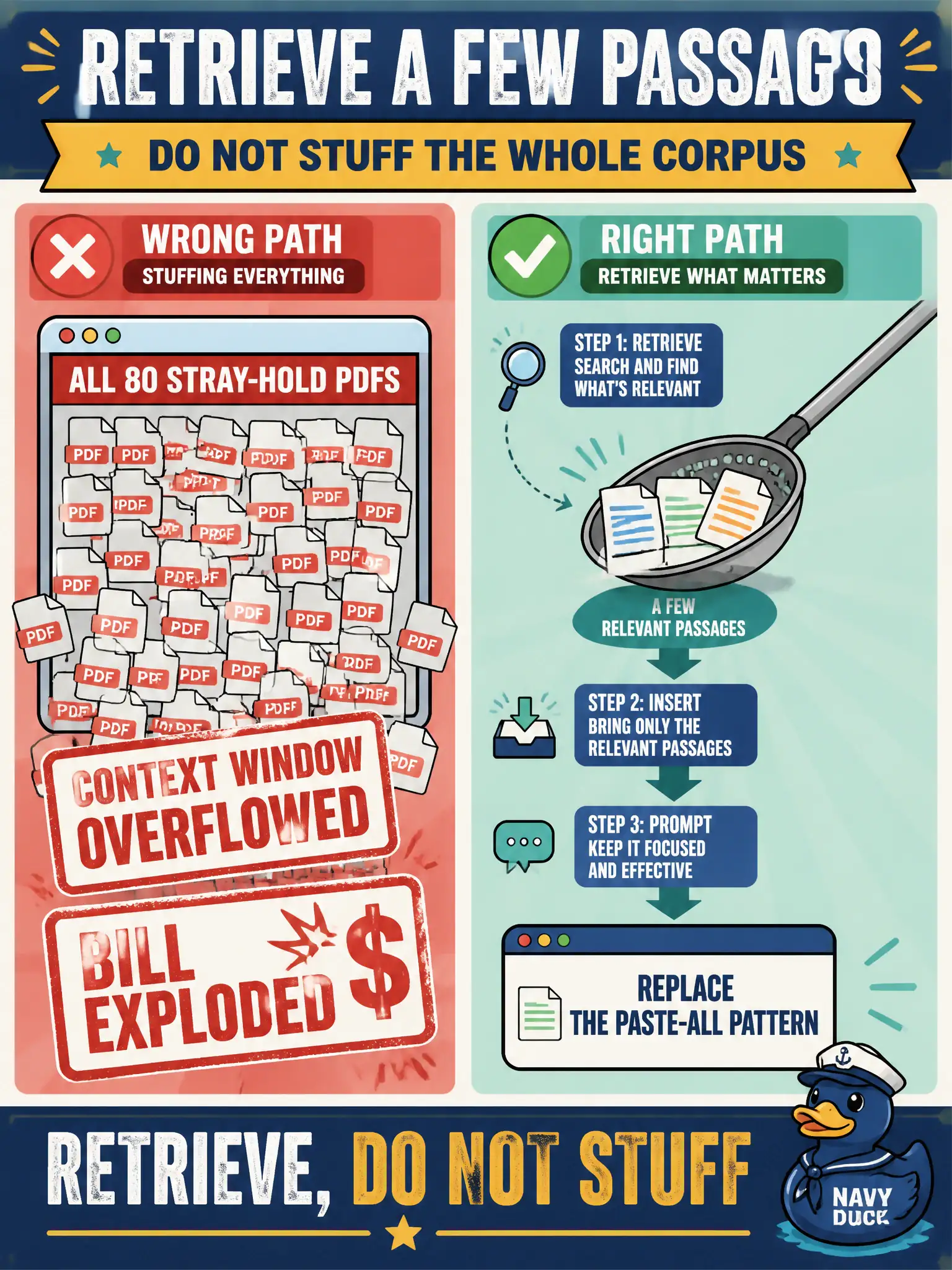 To Create an exciting colorful infographic that explains the concepts in the question: Question: The same animal-control desk used to paste all 80 stray-hold PDFs into each request. The context window overflowed and the bill exploded. Which approach should replace that pattern? Correct Answer: Retrieve a few relevant passages instead of stuffing the entire corpus into every prompt. Put EVERY visible label in double quotes. No people. No A/B/C/D letters. In one of the four corners put a little "Navy Duck".