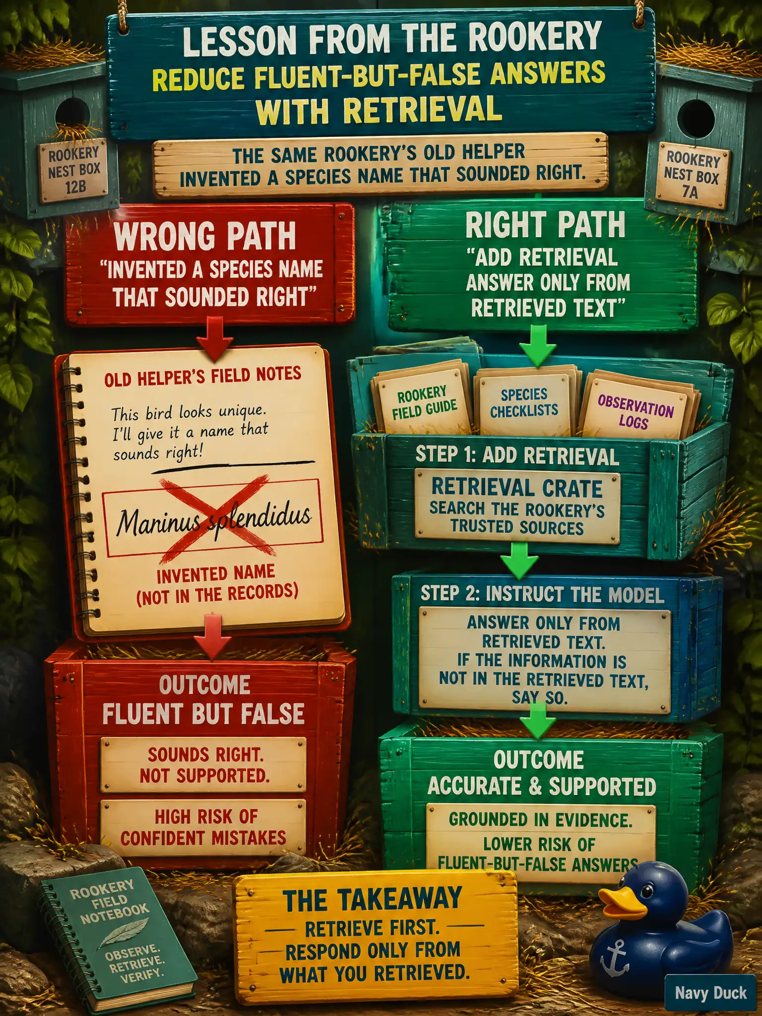 To Create an exciting colorful infographic that explains the concepts in the question: Question: The same rookery’s old helper invented a species name that sounded right. Which application change reduces those fluent-but-false answers? Correct Answer: Add retrieval and instruct the model to answer only from retrieved text. Put EVERY visible label in double quotes. No people. No A/B/C/D letters. In one of the four corners put a little "Navy Duck".