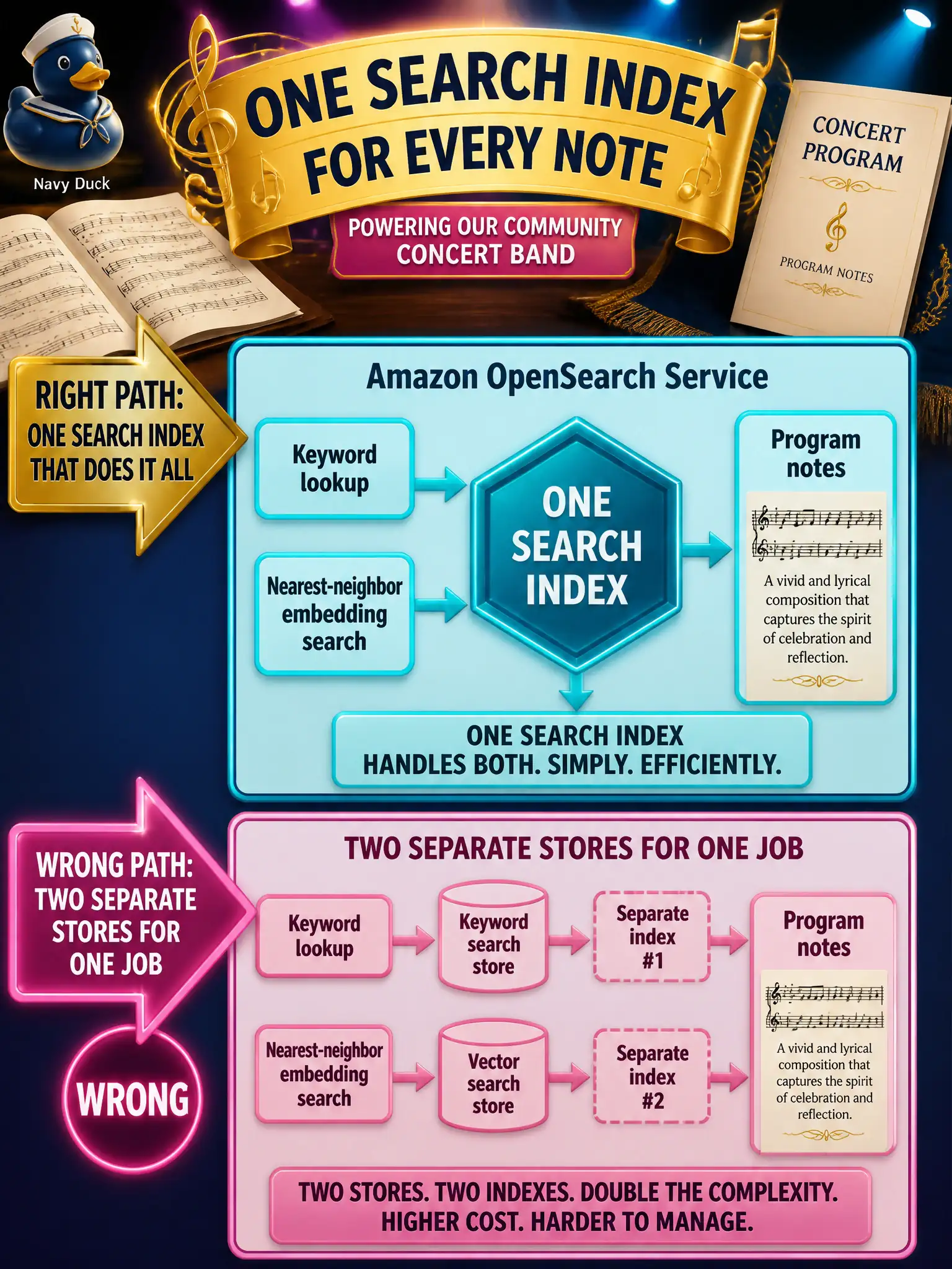 To Create an exciting colorful infographic that explains the concepts in the question: Question: A community concert band wants one search index that can do keyword lookup and nearest-neighbor embedding search over program notes. Which AWS store fits that job? Correct Answer: Amazon OpenSearch Service. Put EVERY visible label in double quotes. No people. No A/B/C/D letters. In one of the four corners put a little "Navy Duck".