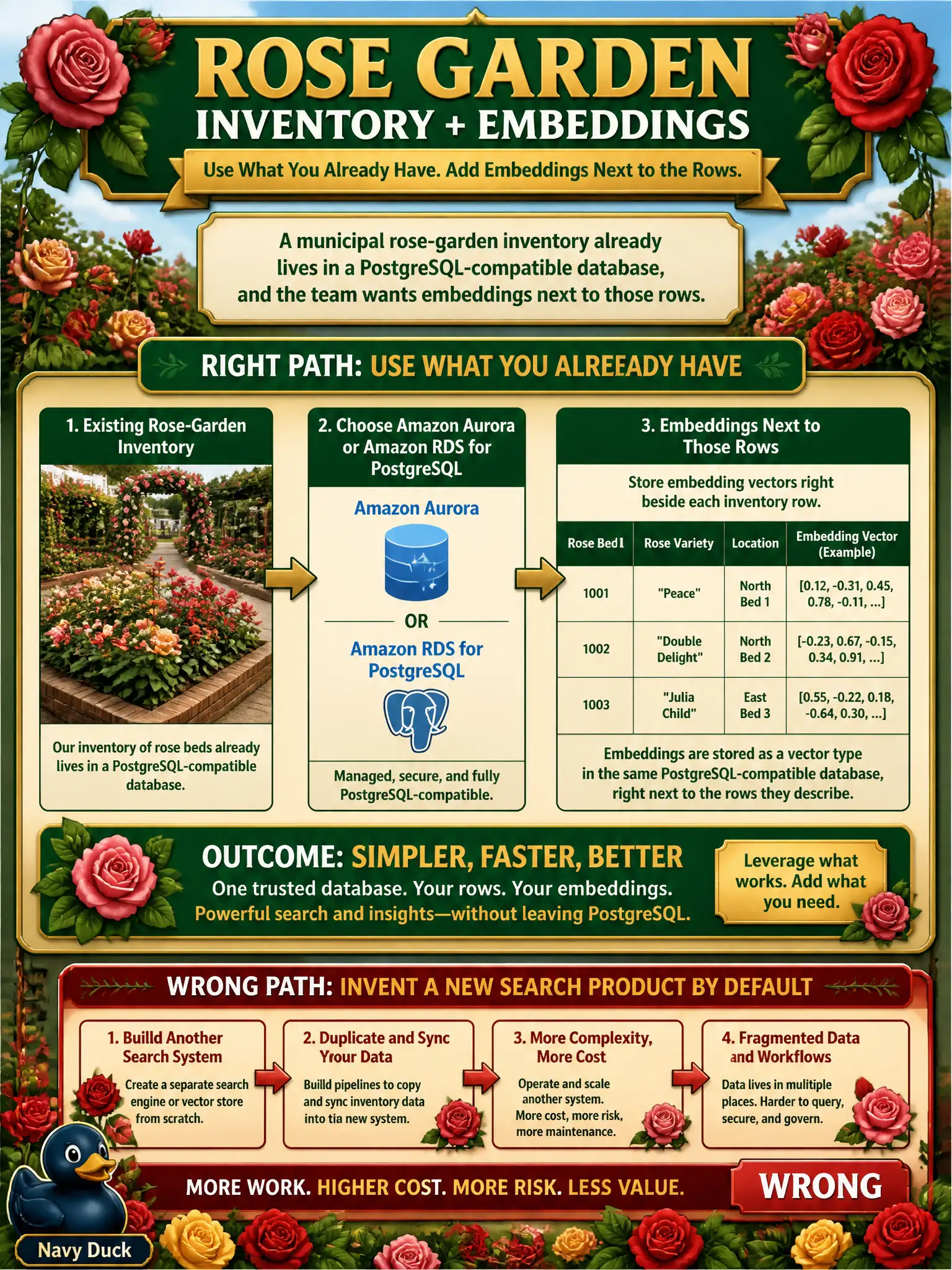 To Create an exciting colorful infographic that explains the concepts in the question: Question: A municipal rose-garden inventory already lives in a PostgreSQL-compatible database, and the team wants embeddings next to those rows. Which option should they pick rather than inventing a new search product by default? Correct Answer: Amazon Aurora or Amazon RDS for PostgreSQL. Put EVERY visible label in double quotes. No people. No A/B/C/D letters. In one of the four corners put a little "Navy Duck".