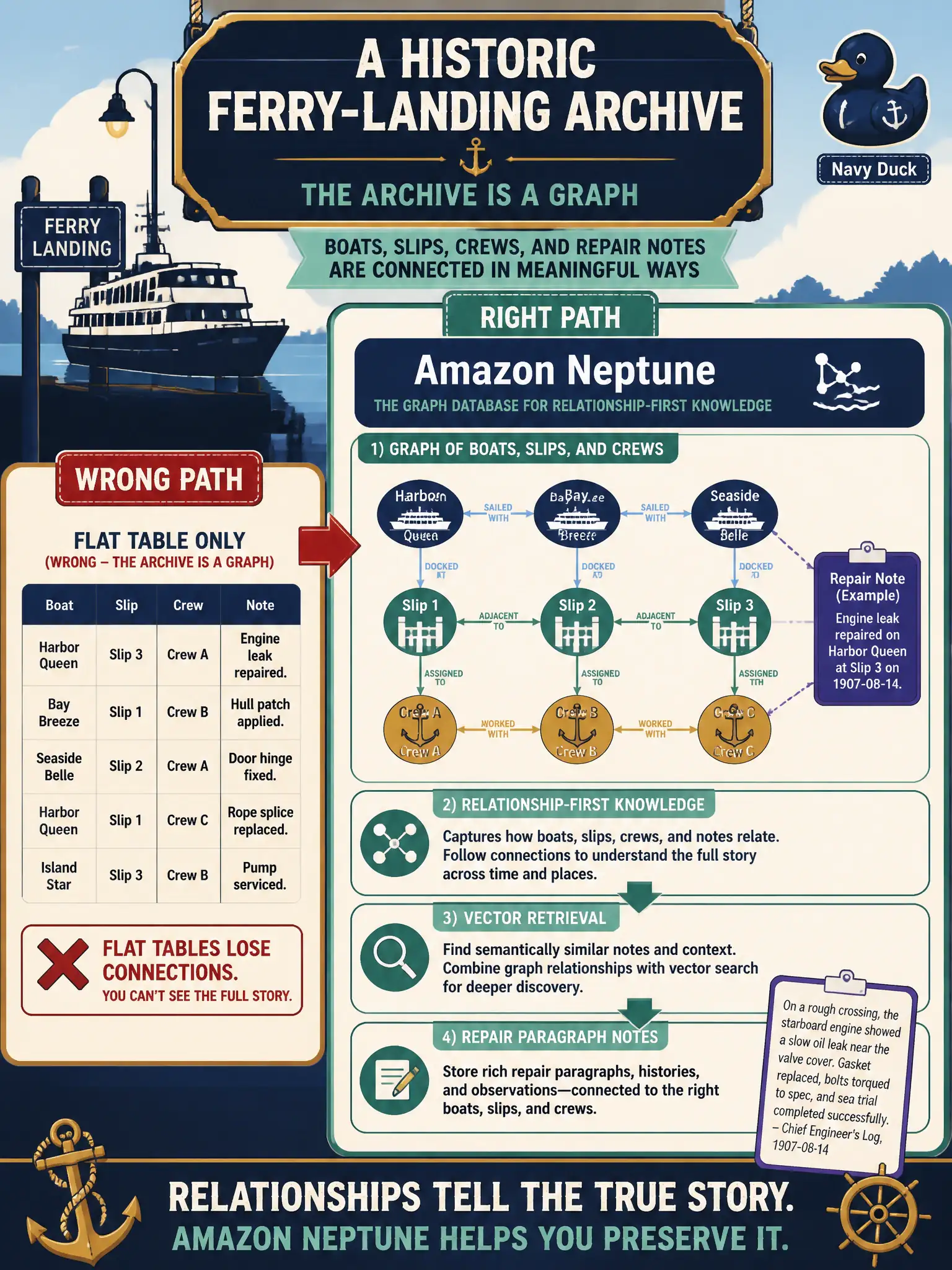 To Create an exciting colorful infographic that explains the concepts in the question: Question: A historic ferry-landing archive is a graph of boats, slips, and crews, and staff also want notes like this repair paragraph. Which AWS store fits relationship-first knowledge that still needs vector retrieval? Correct Answer: Amazon Neptune. Put EVERY visible label in double quotes. No people. No A/B/C/D letters. In one of the four corners put a little "Navy Duck".