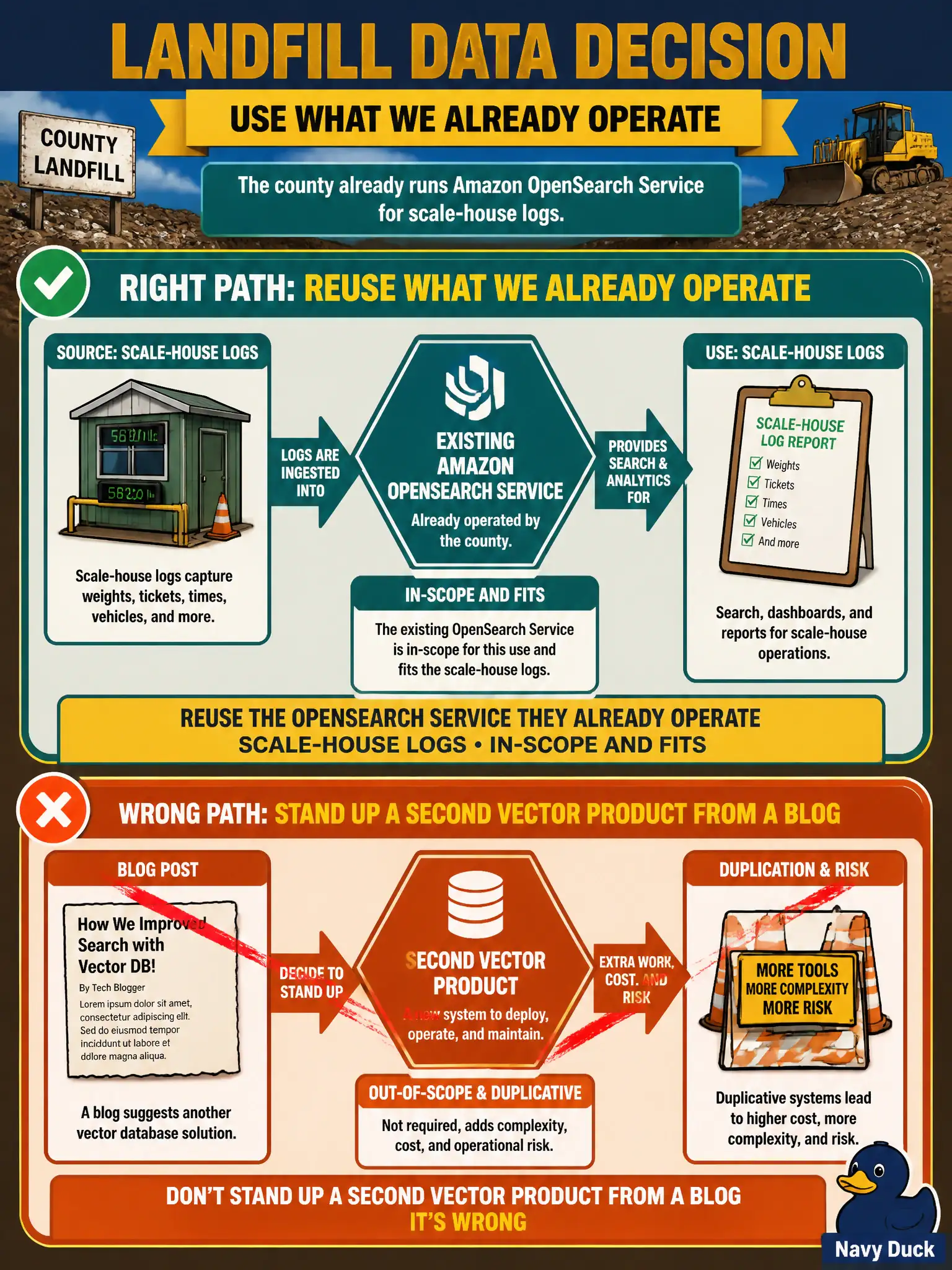 To Create an exciting colorful infographic that explains the concepts in the question: Question: A county landfill already runs Amazon OpenSearch Service for scale-house logs. A blog names a second vector product. The existing store is in-scope and fits. What should the team do? Correct Answer: Reuse the OpenSearch Service they already operate. Put EVERY visible label in double quotes. No people. No A/B/C/D letters. In one of the four corners put a little "Navy Duck".