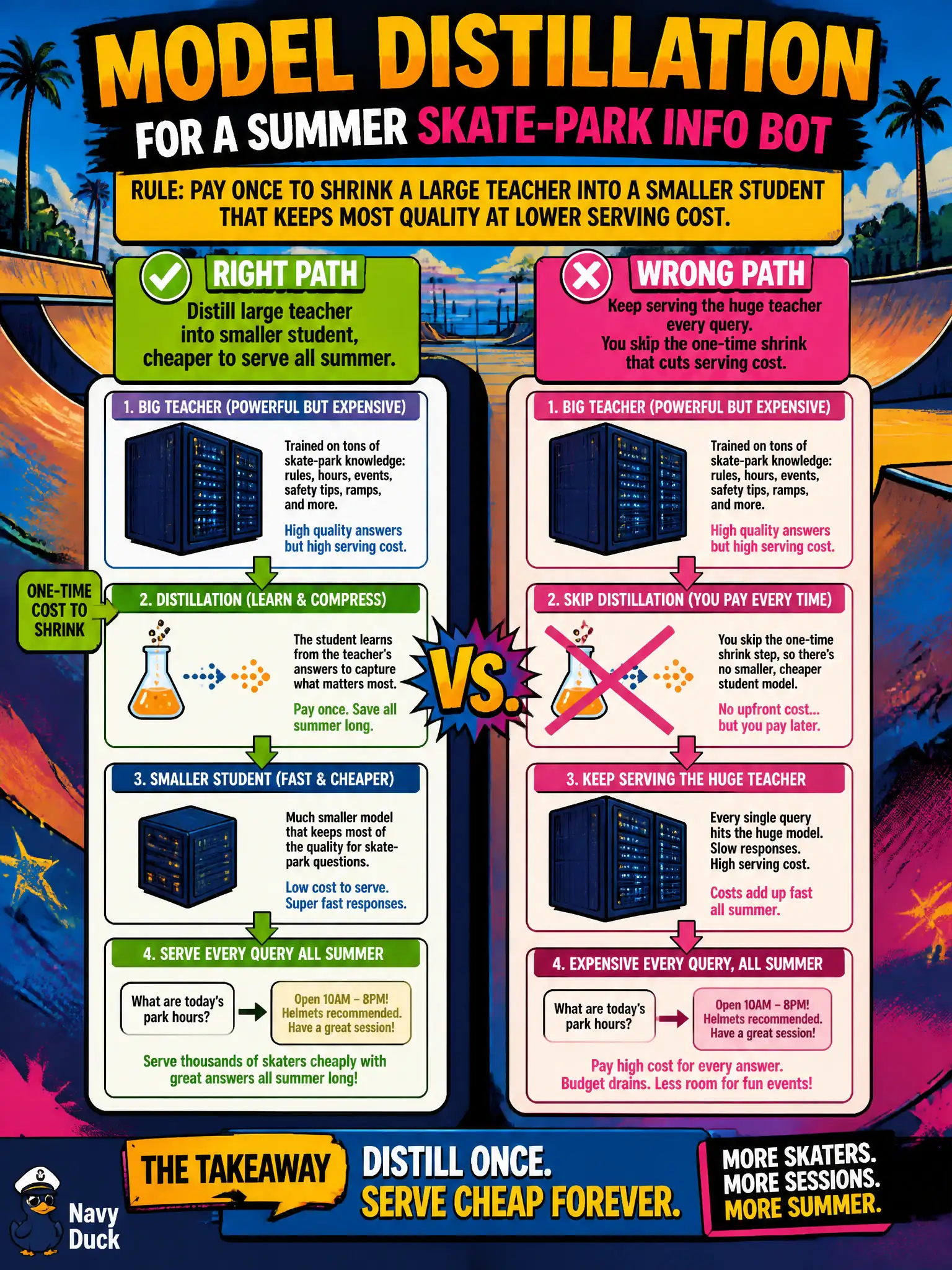 To Create an exciting colorful infographic that explains the concepts in the question: Question: A county skate-park info bot will run all summer. The team can pay once to shrink a large teacher into a smaller student that keeps most quality at lower serving cost. Which technique is that? Correct Answer: Model distillation. Put EVERY visible label in double quotes. No people. No A/B/C/D letters. In one of the four corners put a little "Navy Duck".