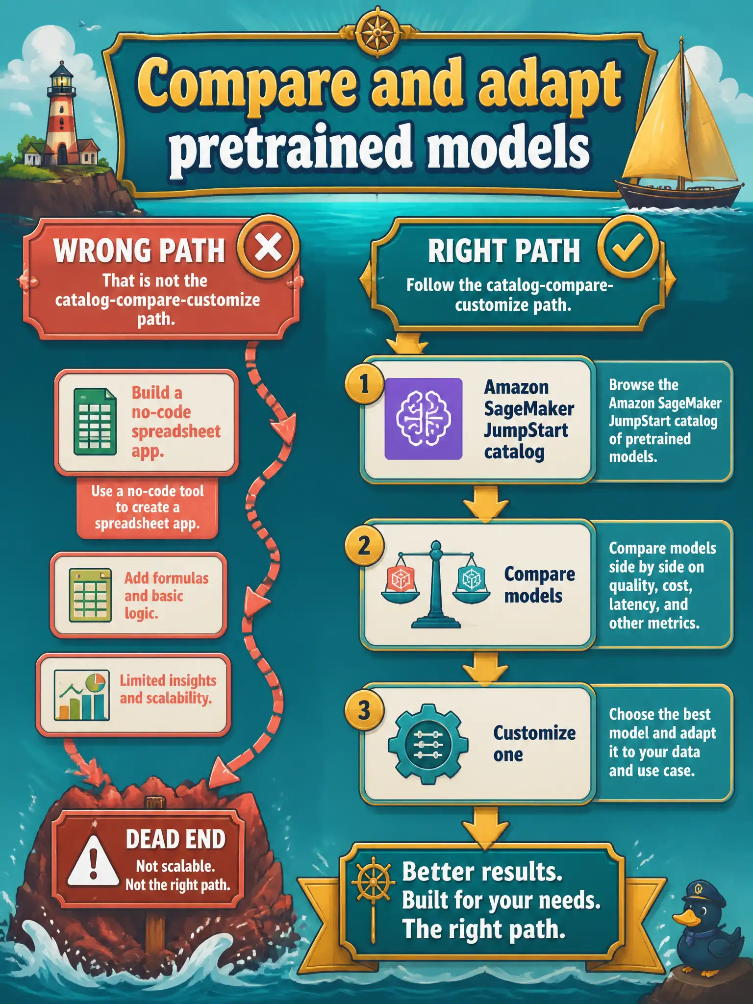To Create an exciting colorful infographic that explains the concepts in the question: Question: A community sailing-club intern needs to compare several pretrained models and maybe adapt one, without building a no-code spreadsheet app. Which path should the intern pick? Correct Answer: Amazon SageMaker JumpStart, the catalog, compare, and customize path. Put EVERY visible label in double quotes. No people. No A/B/C/D letters. In one of the four corners put a little "Navy Duck".