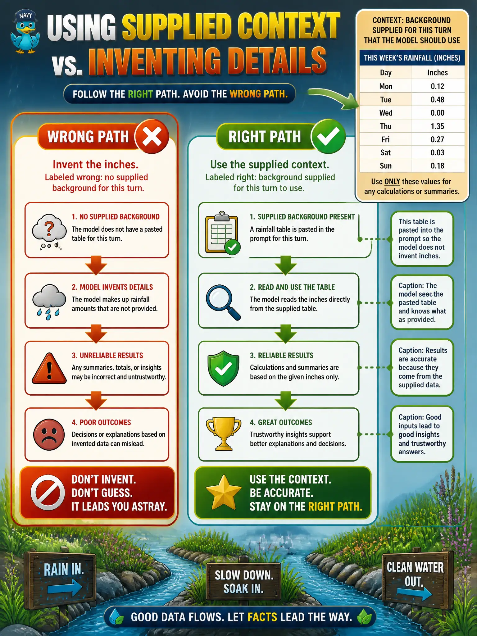 To Create an exciting colorful infographic that explains the concepts in the question: Question: A municipal bioswale desk pastes this week’s rainfall table into the prompt so the model does not invent inches. What should the team call that table? Correct Answer: Context: background supplied for this turn that the model should use. Put EVERY visible label in double quotes. No people. No A/B/C/D letters. In one of the four corners put a little "Navy Duck".