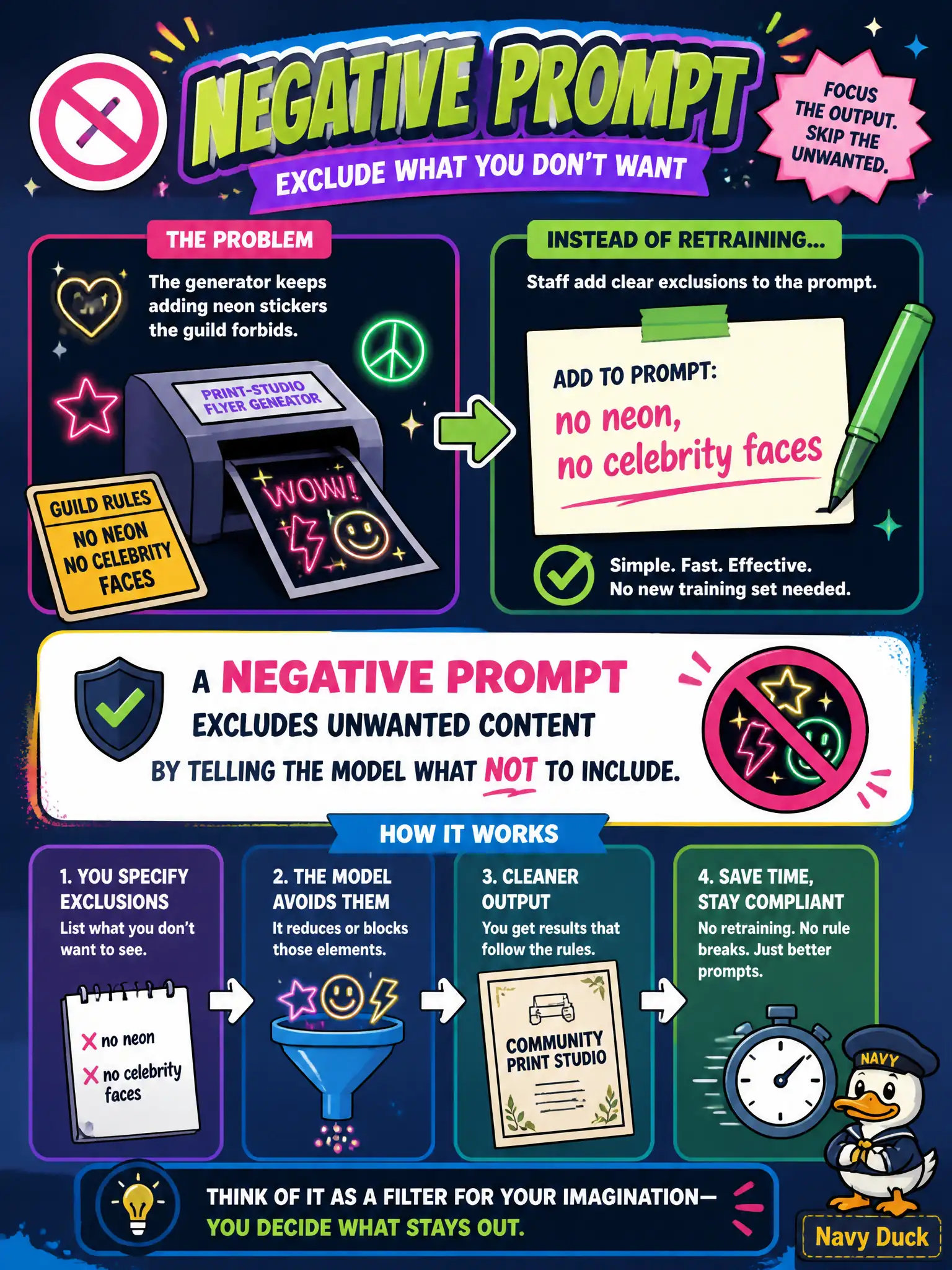 To Create an exciting colorful infographic that explains the concepts in the question: Question: A community print-studio flyer generator keeps adding neon stickers the guild forbids. Staff add “no neon, no celebrity faces” rather than collecting a new training set. Which prompt control is that? Correct Answer: A negative prompt that excludes unwanted content. Put EVERY visible label in double quotes. No people. No A/B/C/D letters. In one of the four corners put a little "Navy Duck".