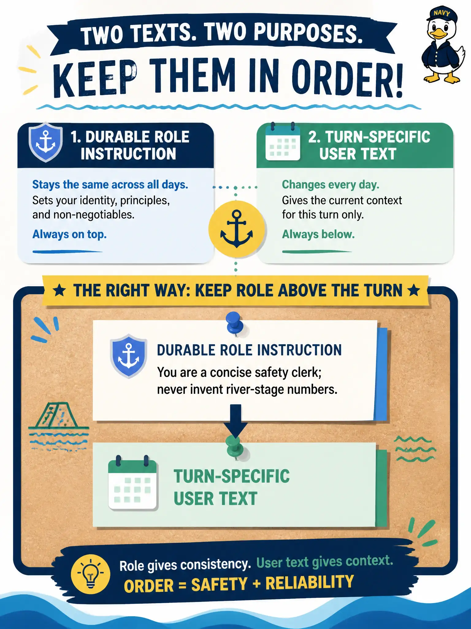 To Create an exciting colorful infographic that explains the concepts in the question: Question: A county levee office pins “You are a concise safety clerk; never invent river-stage numbers” separately from each day’s caller question. How should those two texts be treated? Correct Answer: Keep the durable role instruction above the turn-specific user text. Put EVERY visible label in double quotes. No people. No A/B/C/D letters. In one of the four corners put a little "Navy Duck".