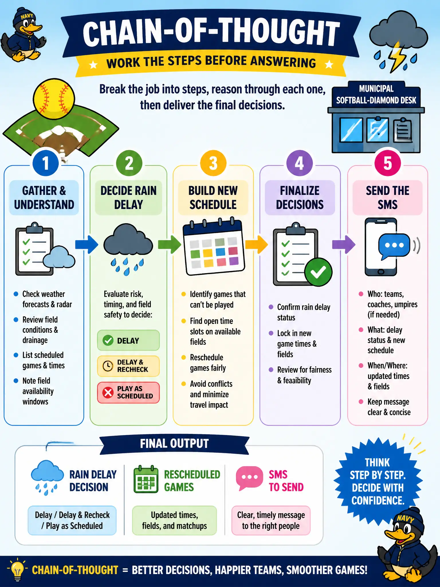 To Create an exciting colorful infographic that explains the concepts in the question: Question: A municipal softball-diamond desk must decide if Saturday is a rain delay, which games move, and who gets the SMS. Which prompt pattern fits that multi-step job? Correct Answer: Chain-of-thought: ask the model to work the steps before answering. Put EVERY visible label in double quotes. No people. No A/B/C/D letters. In one of the four corners put a little "Navy Duck".