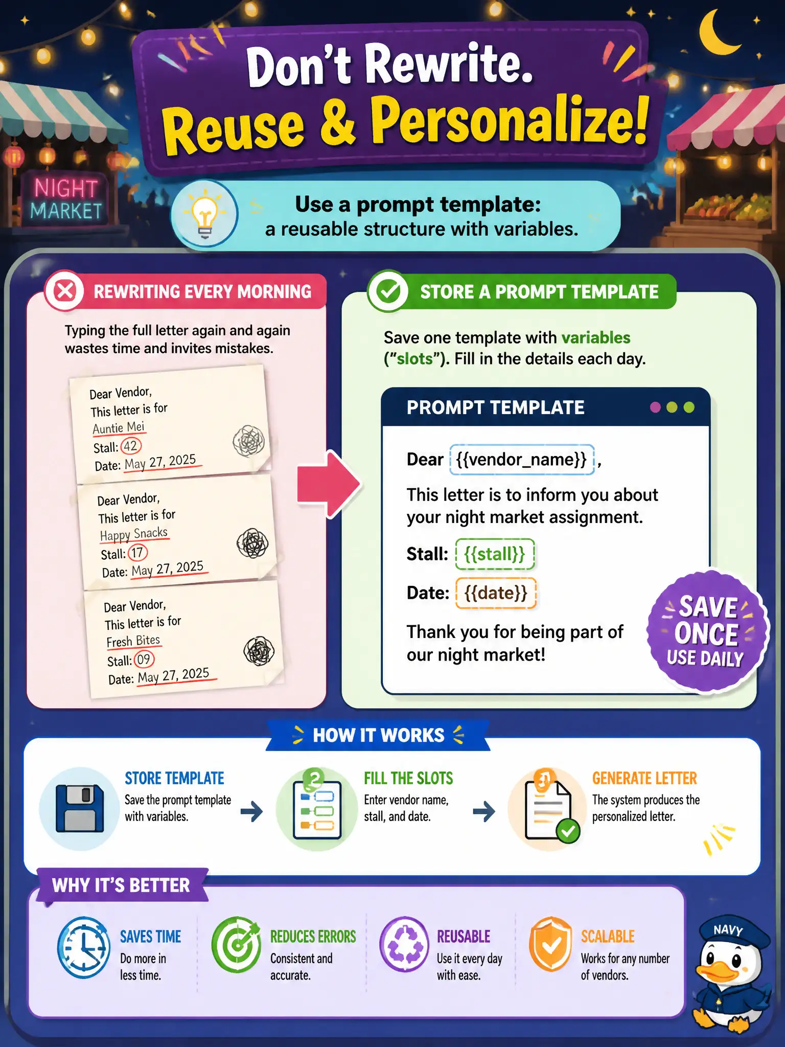 To Create an exciting colorful infographic that explains the concepts in the question: Question: Every municipal night-market vendor letter uses the same skeleton with slots for vendor name, stall, and date. What should the team store instead of rewriting the prompt each morning? Correct Answer: A prompt template: a reusable structure with variables. Put EVERY visible label in double quotes. No people. No A/B/C/D letters. In one of the four corners put a little "Navy Duck".