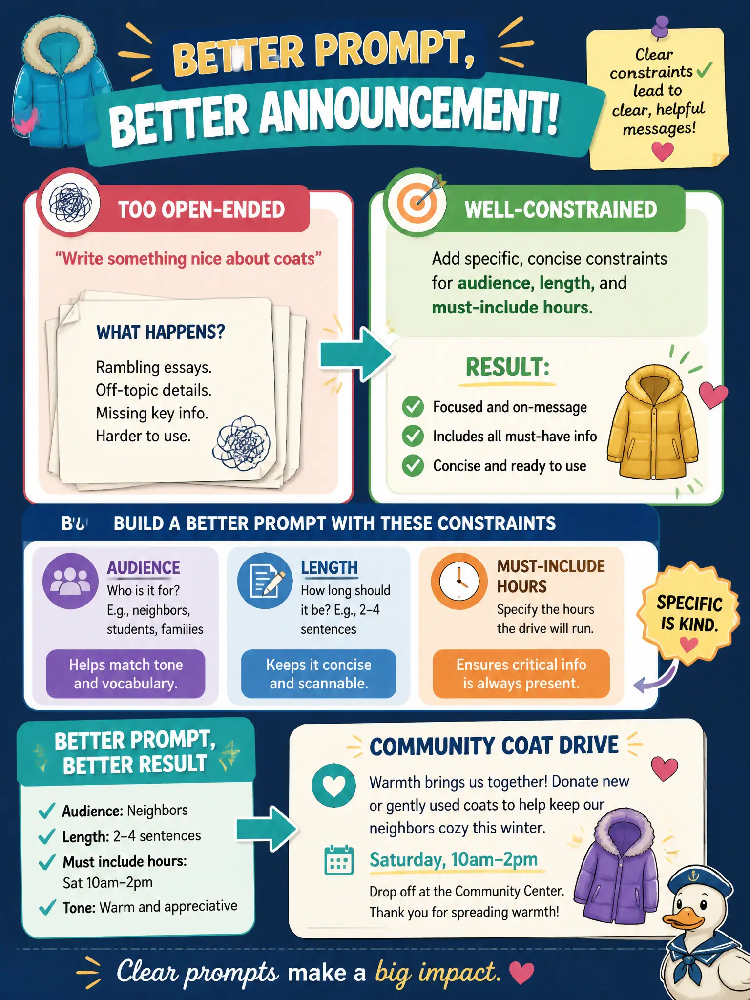To Create an exciting colorful infographic that explains the concepts in the question: Question: A community coat-drive announcement prompt that says “write something nice about coats” yields rambling essays. Which change raises quality? Correct Answer: Add specific, concise constraints for audience, length, and must-include hours. Put EVERY visible label in double quotes. No people. No A/B/C/D letters. In one of the four corners put a little "Navy Duck".