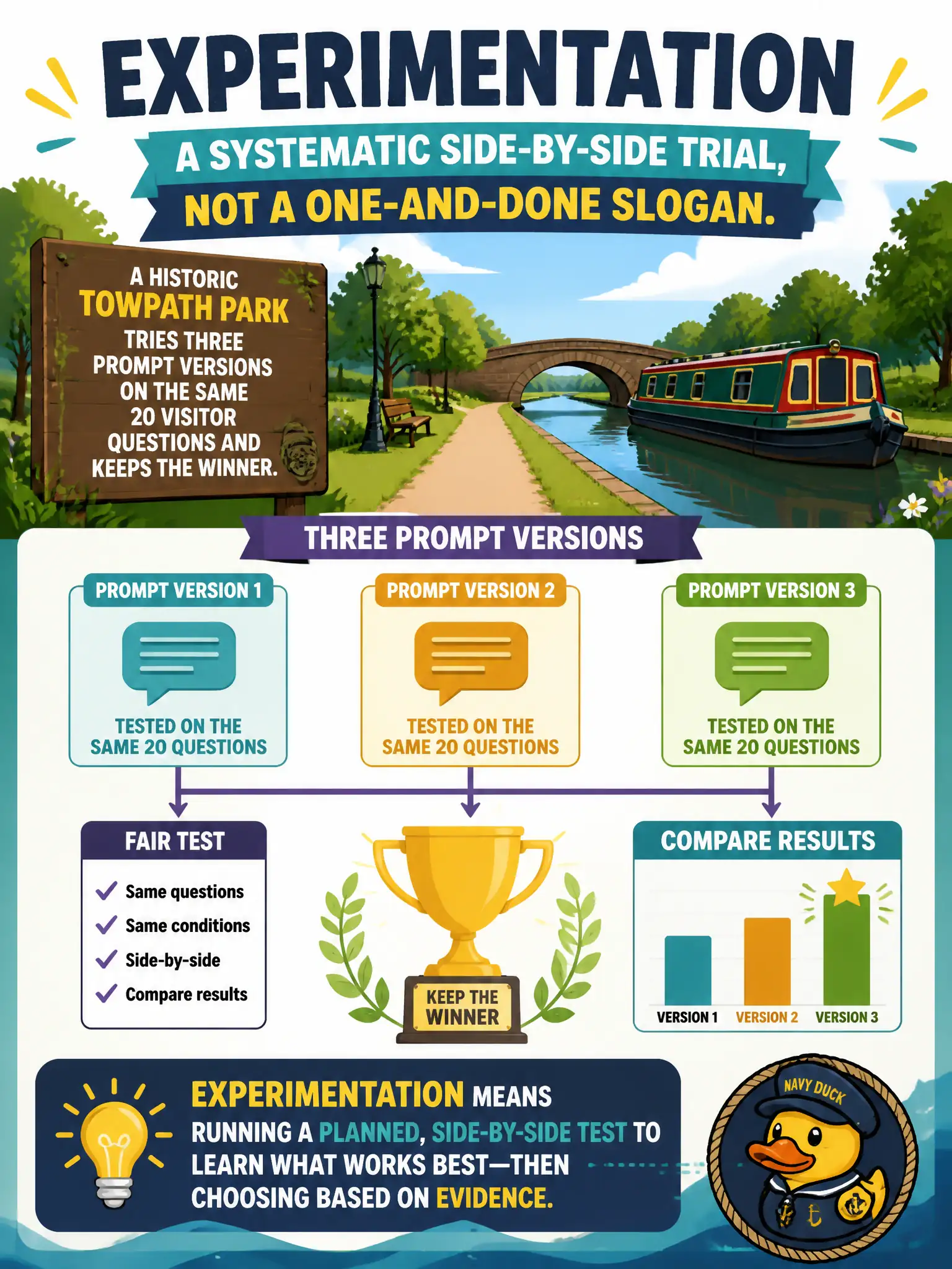 To Create an exciting colorful infographic that explains the concepts in the question: Question: A historic towpath park tries three prompt versions on the same 20 visitor questions and keeps the winner. Which prompt practice is that? Correct Answer: Experimentation: a systematic side-by-side trial, not a one-and-done slogan. Put EVERY visible label in double quotes. No people. No A/B/C/D letters. In one of the four corners put a little "Navy Duck".