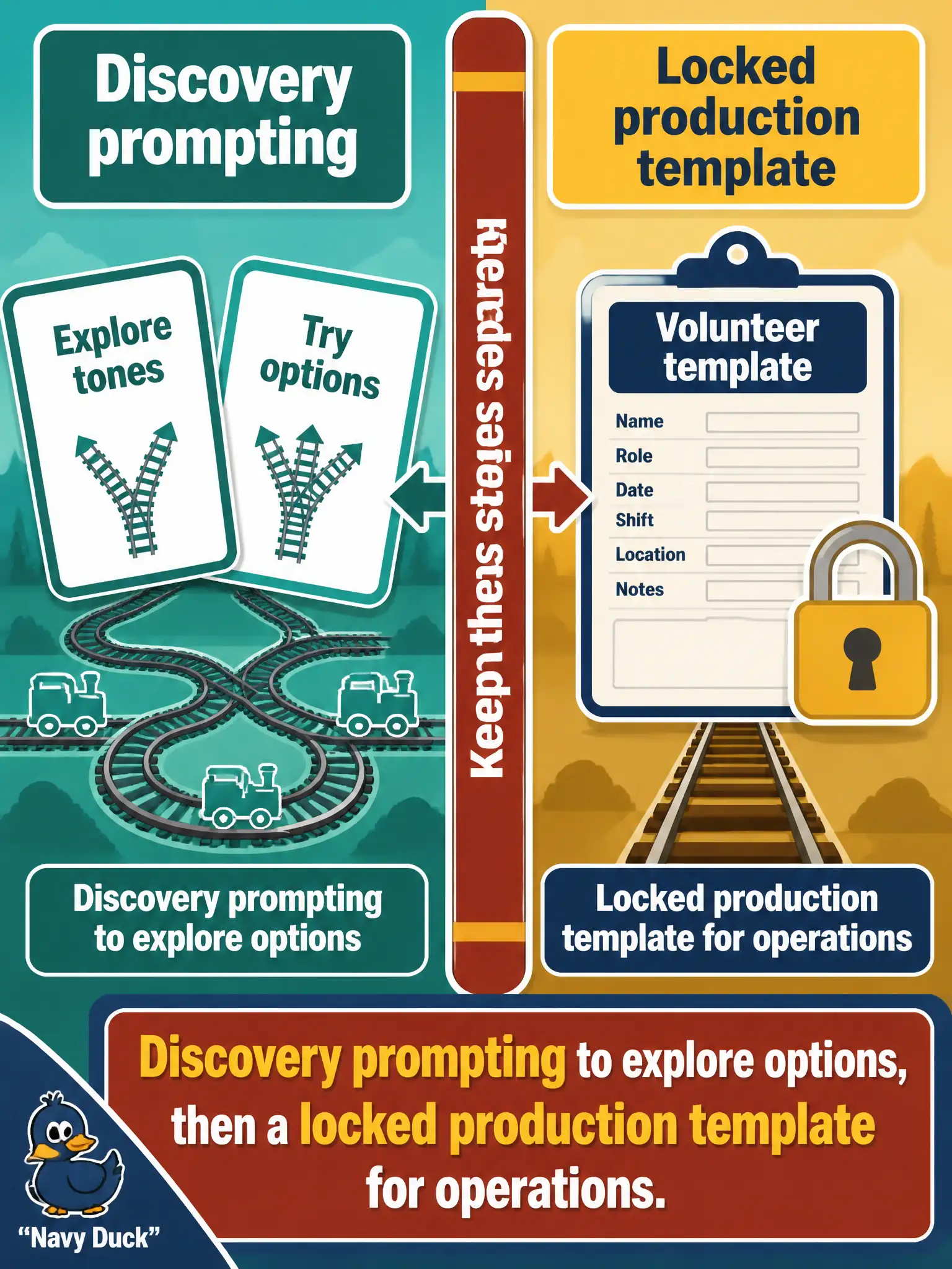 To Create an exciting colorful infographic that explains the concepts in the question: Question: A community model-railroad guild intern first uses open prompts to discover useful tones, then freezes a tight template for volunteers. Which two stages should stay separate? Correct Answer: Discovery prompting to explore options, then a locked production template for operations. Put EVERY visible label in double quotes. No people. No A/B/C/D letters. In one of the four corners put a little "Navy Duck".