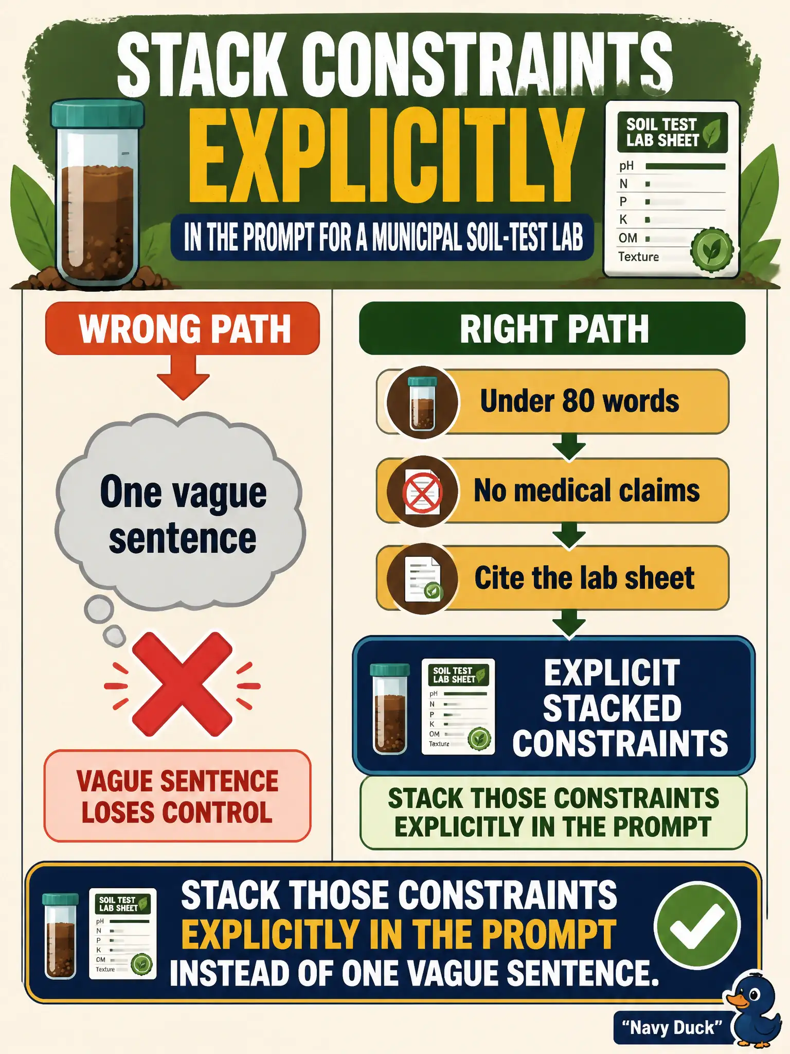 To Create an exciting colorful infographic that explains the concepts in the question: Question: A municipal soil-test lab needs answers that are under 80 words, make no medical claims, and cite the lab sheet. Which prompting practice gives that control? Correct Answer: Stack those constraints explicitly in the prompt instead of one vague sentence. Put EVERY visible label in double quotes. No people. No A/B/C/D letters. In one of the four corners put a little "Navy Duck".