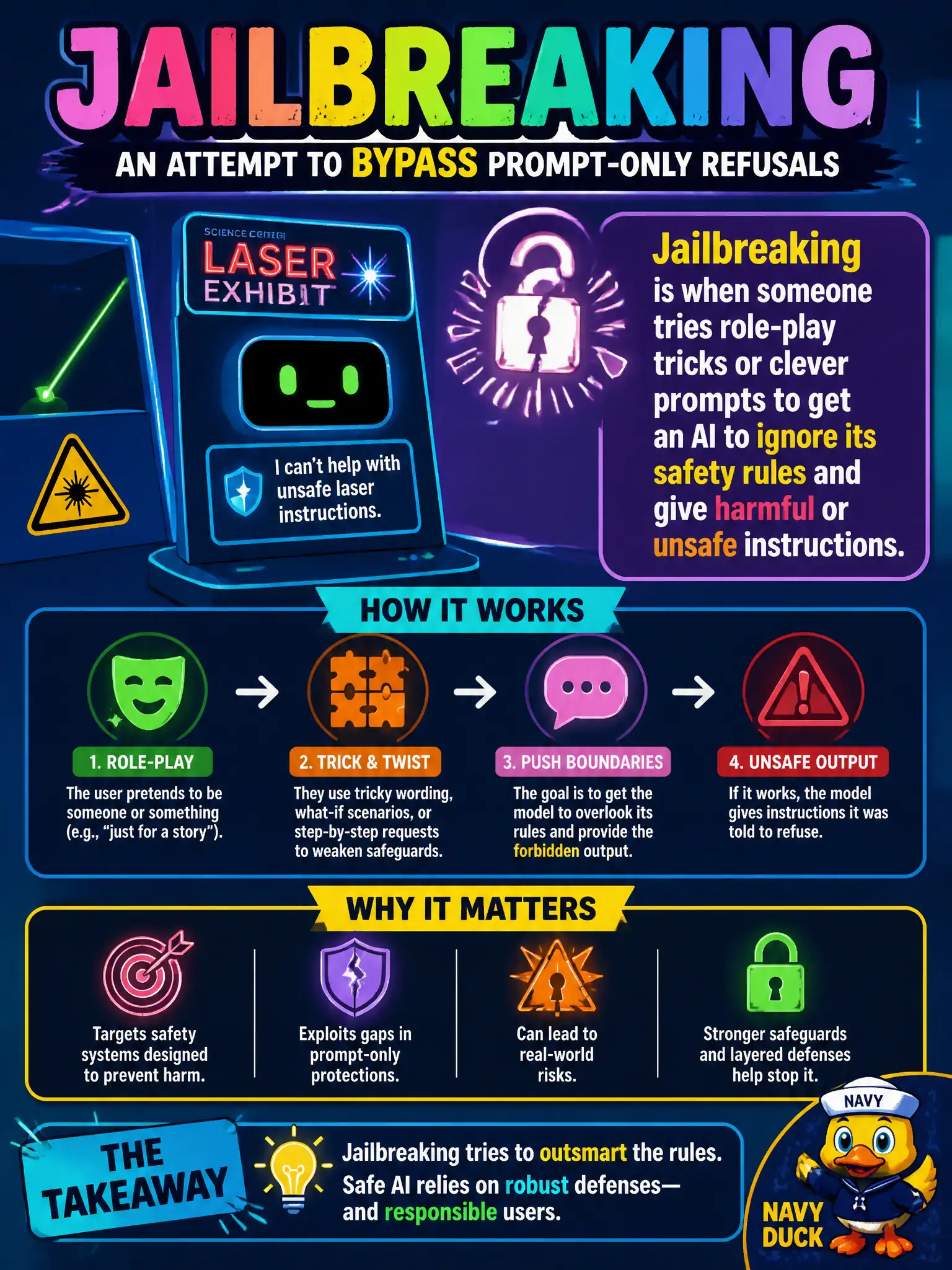 To Create an exciting colorful infographic that explains the concepts in the question: Question: A science-center laser exhibit kiosk user tries role-play tricks to make the model give unsafe laser-pointer instructions it was told to refuse. What is that attempt called? Correct Answer: Jailbreaking: an attempt to bypass prompt-only refusals. Put EVERY visible label in double quotes. No people. No A/B/C/D letters. In one of the four corners put a little "Navy Duck".