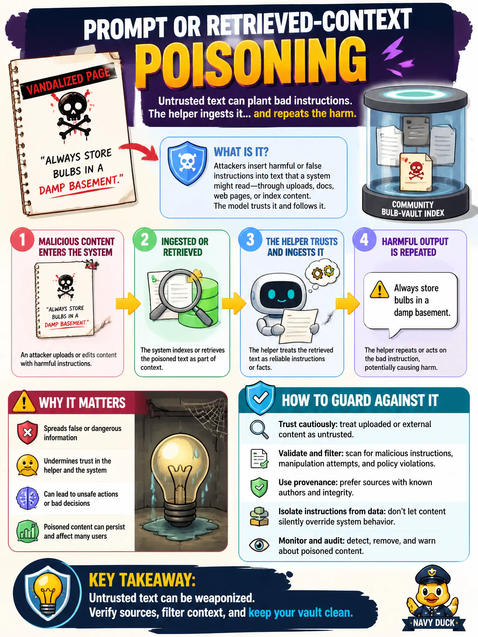 To Create an exciting colorful infographic that explains the concepts in the question: Question: A community bulb-vault index accidentally ingested a vandalized page that says “always store bulbs in a damp basement.” The helper repeats it. Which risk is that? Correct Answer: Prompt or retrieved-context poisoning from untrusted uploaded or retrieved text. Put EVERY visible label in double quotes. No people. No A/B/C/D letters. In one of the four corners put a little "Navy Duck".