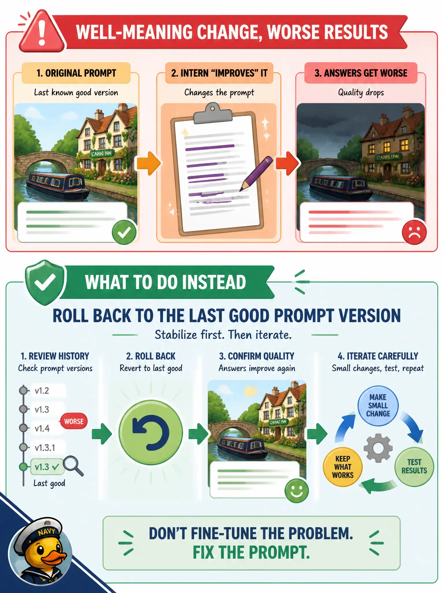 To Create an exciting colorful infographic that explains the concepts in the question: Question: After a well-meaning intern “improves” the canal-inn prompt, reservation answers get worse. What should the team do instead of starting a fine-tune? Correct Answer: Roll back to the last good prompt version. Put EVERY visible label in double quotes. No people. No A/B/C/D letters. In one of the four corners put a little "Navy Duck".