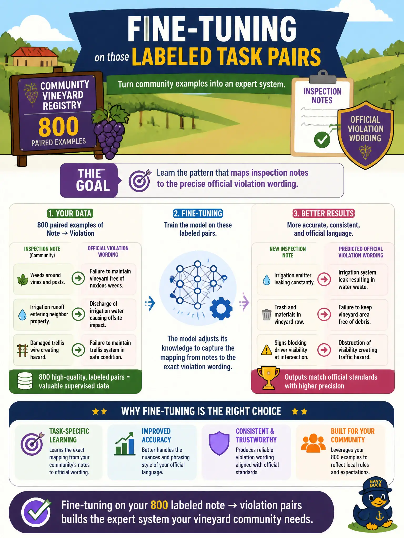To Create an exciting colorful infographic that explains the concepts in the question: Question: A community vineyard registry has 800 paired examples of inspection note to official violation wording and wants that house format baked in. Which customization should they pick? Correct Answer: Fine-tuning on those labeled task pairs. Put EVERY visible label in double quotes. No people. No A/B/C/D letters. In one of the four corners put a little "Navy Duck".