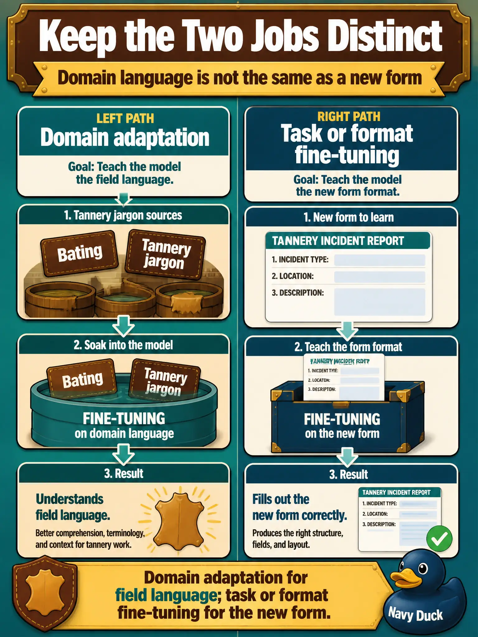 To Create an exciting colorful infographic that explains the concepts in the question: Question: A historic tannery can soak the model in tannery jargon so it understands bating, or it can teach a new three-field incident form. How should those two jobs stay distinct? Correct Answer: Domain adaptation for field language; task or format fine-tuning for the new form. Put EVERY visible label in double quotes. No people. No A/B/C/D letters. In one of the four corners put a little "Navy Duck".
