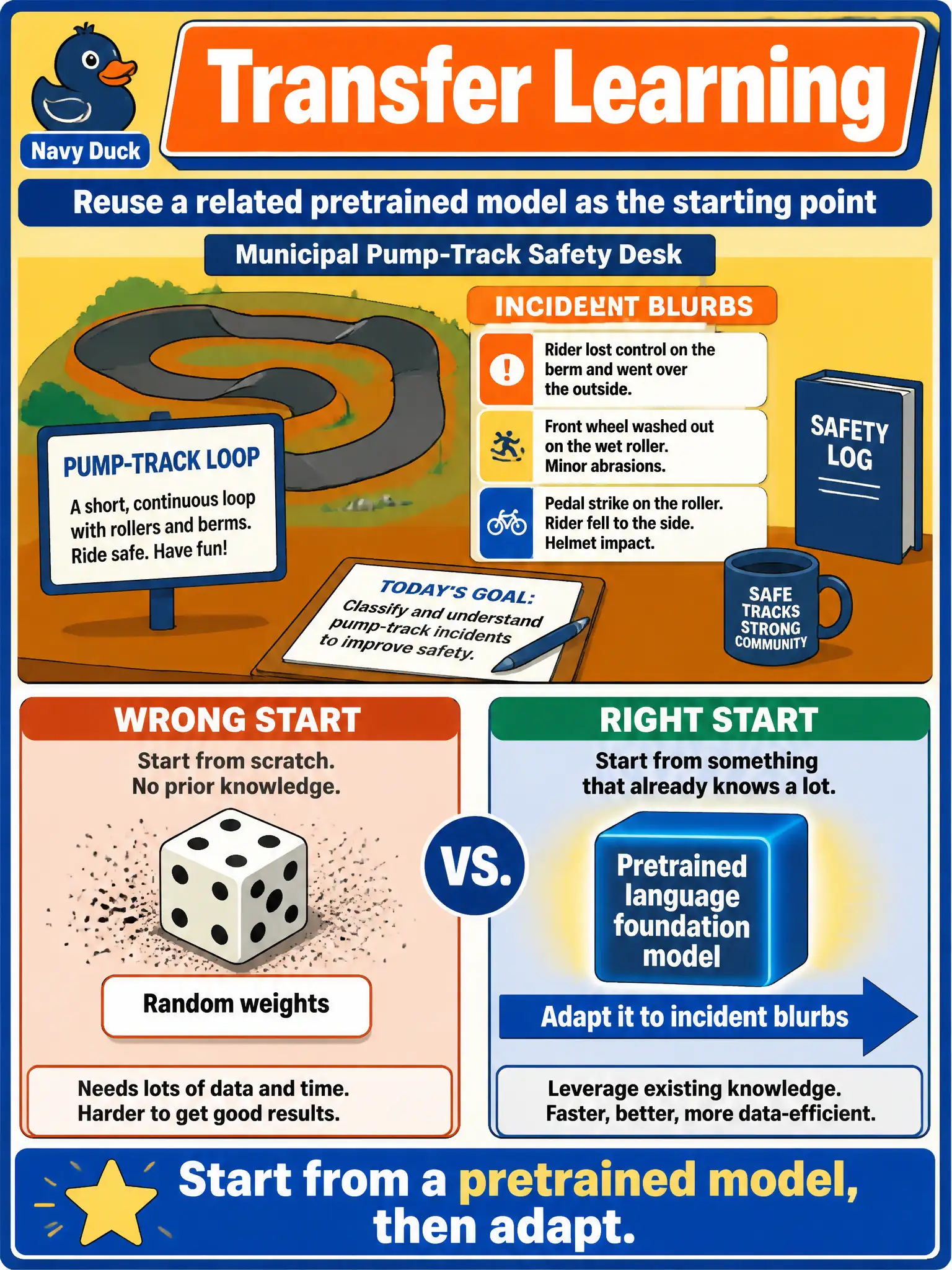 To Create an exciting colorful infographic that explains the concepts in the question: Question: A municipal pump-track safety desk starts from a pretrained language foundation model rather than random weights, then adapts it to incident blurbs. Which idea is that? Correct Answer: Transfer learning: reuse a related pretrained model as the starting point. Put EVERY visible label in double quotes. No people. No A/B/C/D letters. In one of the four corners put a little "Navy Duck".
