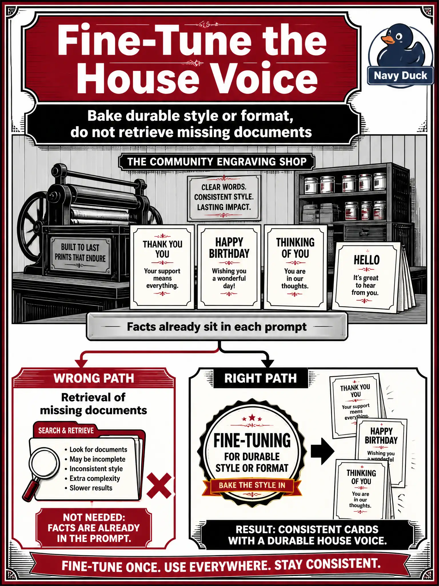 To Create an exciting colorful infographic that explains the concepts in the question: Question: A community engraving shop needs a stable house voice and line-break style on every card, and the facts already sit in each prompt. Which customization bakes that style in? Correct Answer: Fine-tuning for durable style or format, not retrieval of missing documents. Put EVERY visible label in double quotes. No people. No A/B/C/D letters. In one of the four corners put a little "Navy Duck".