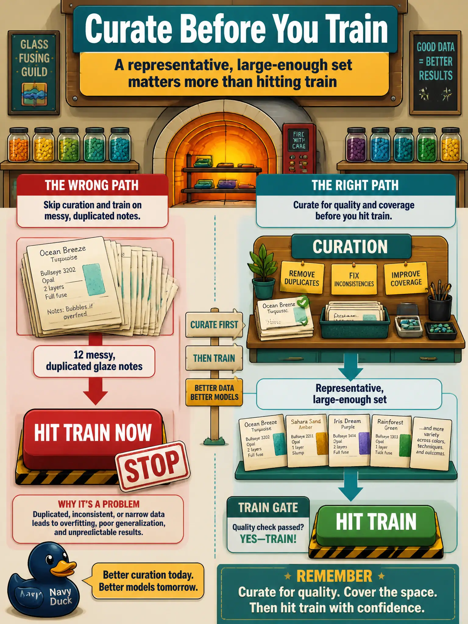 To Create an exciting colorful infographic that explains the concepts in the question: Question: A community glass-fusing guild has 12 messy, duplicated glaze notes and wants a fine-tune. What should the team flag before they hit train? Correct Answer: Curation and a representative, large-enough set matter more than hitting train. Put EVERY visible label in double quotes. No people. No A/B/C/D letters. In one of the four corners put a little "Navy Duck".