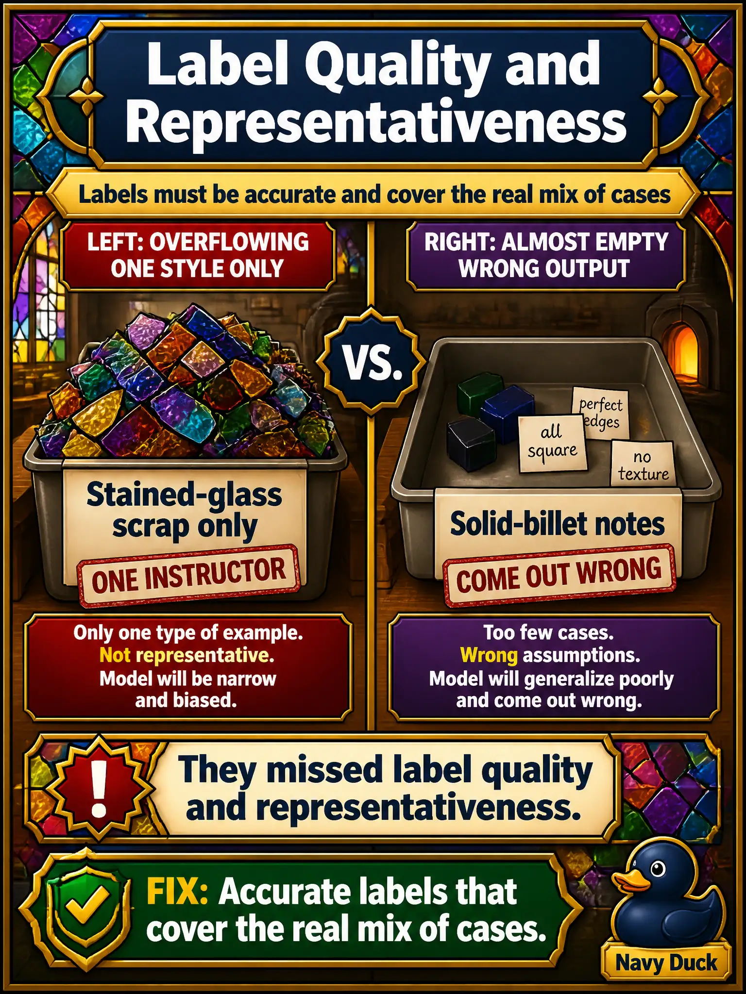 To Create an exciting colorful infographic that explains the concepts in the question: Question: The same guild’s labels were all written by one instructor who only fuses stained-glass scrap. Solid-billet notes come out wrong. What data-prep requirement did they miss? Correct Answer: Label quality and representativeness: labels must be accurate and cover the real mix of cases. Put EVERY visible label in double quotes. No people. No A/B/C/D letters. In one of the four corners put a little "Navy Duck".