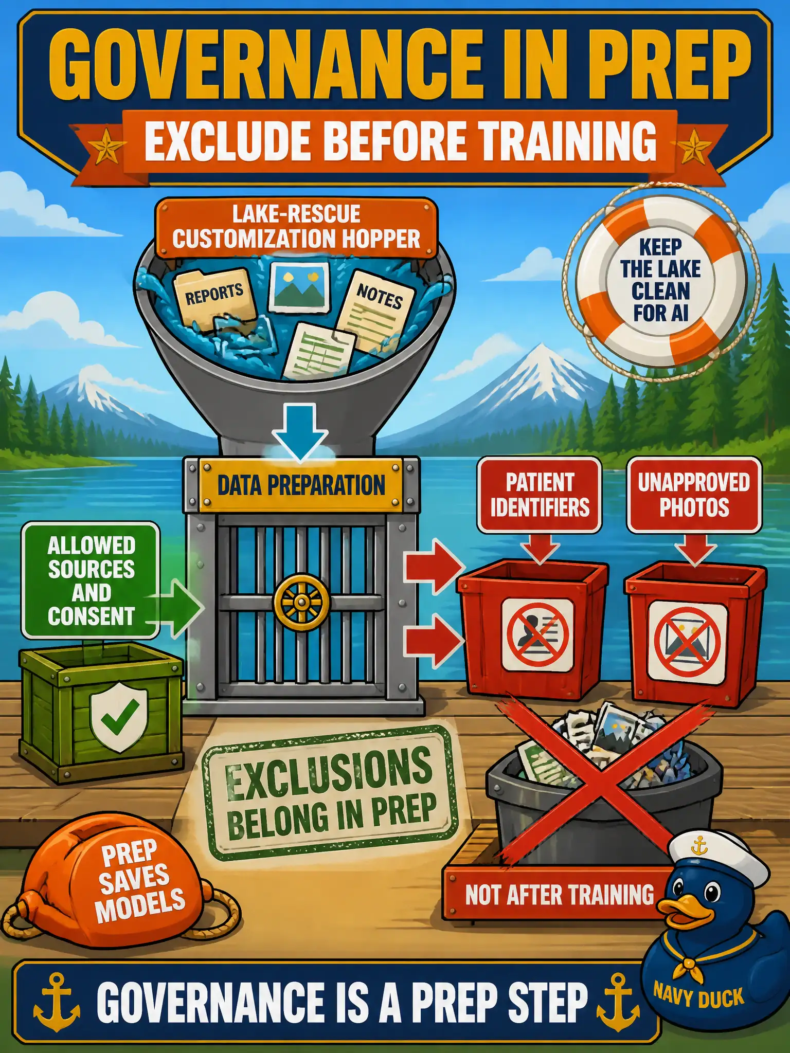 To Create an exciting colorful infographic that explains the concepts in the question: Question: A volunteer lake-rescue service must exclude patient identifiers and unapproved photos from any customization set. What part of data preparation is that? Correct Answer: Governance: allowed sources, consent, and exclusions belong in prep, not after training. Put EVERY visible label in double quotes. No people. No A/B/C/D letters. In one of the four corners put a little "Navy Duck".