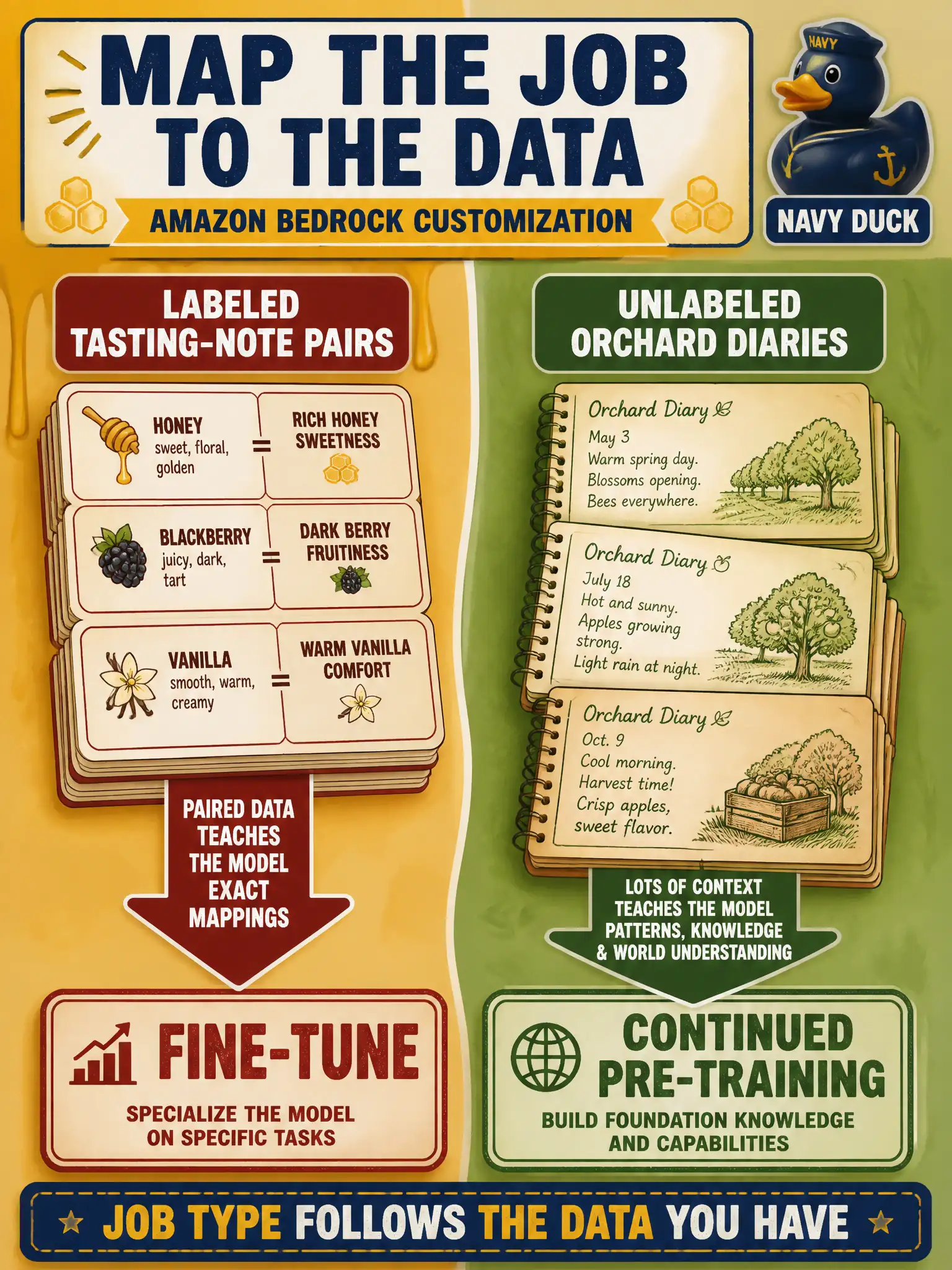 To Create an exciting colorful infographic that explains the concepts in the question: Question: A community meadery using Amazon Bedrock has labeled tasting-note pairs and, separately, a pile of unlabeled orchard diaries. How should the team pick the customization job type? Correct Answer: Map the job to the data: fine-tune on the labeled pairs, continued pre-training on the unlabeled diaries. Put EVERY visible label in double quotes. No people. No A/B/C/D letters. In one of the four corners put a little "Navy Duck".
