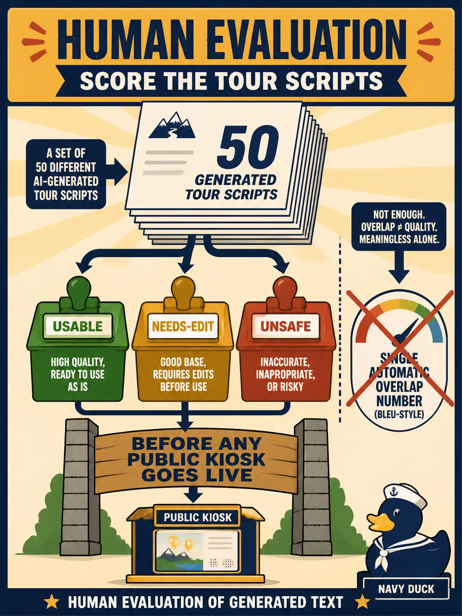 To Create an exciting colorful infographic that explains the concepts in the question: Question: A historic pulp-mill education desk has docents score 50 generated tour scripts as usable, needs-edit, or unsafe before any public kiosk goes live. Which evaluation approach is that? Correct Answer: Human evaluation of generated text, not a single automatic overlap number. Put EVERY visible label in double quotes. No people. No A/B/C/D letters. In one of the four corners put a little "Navy Duck".