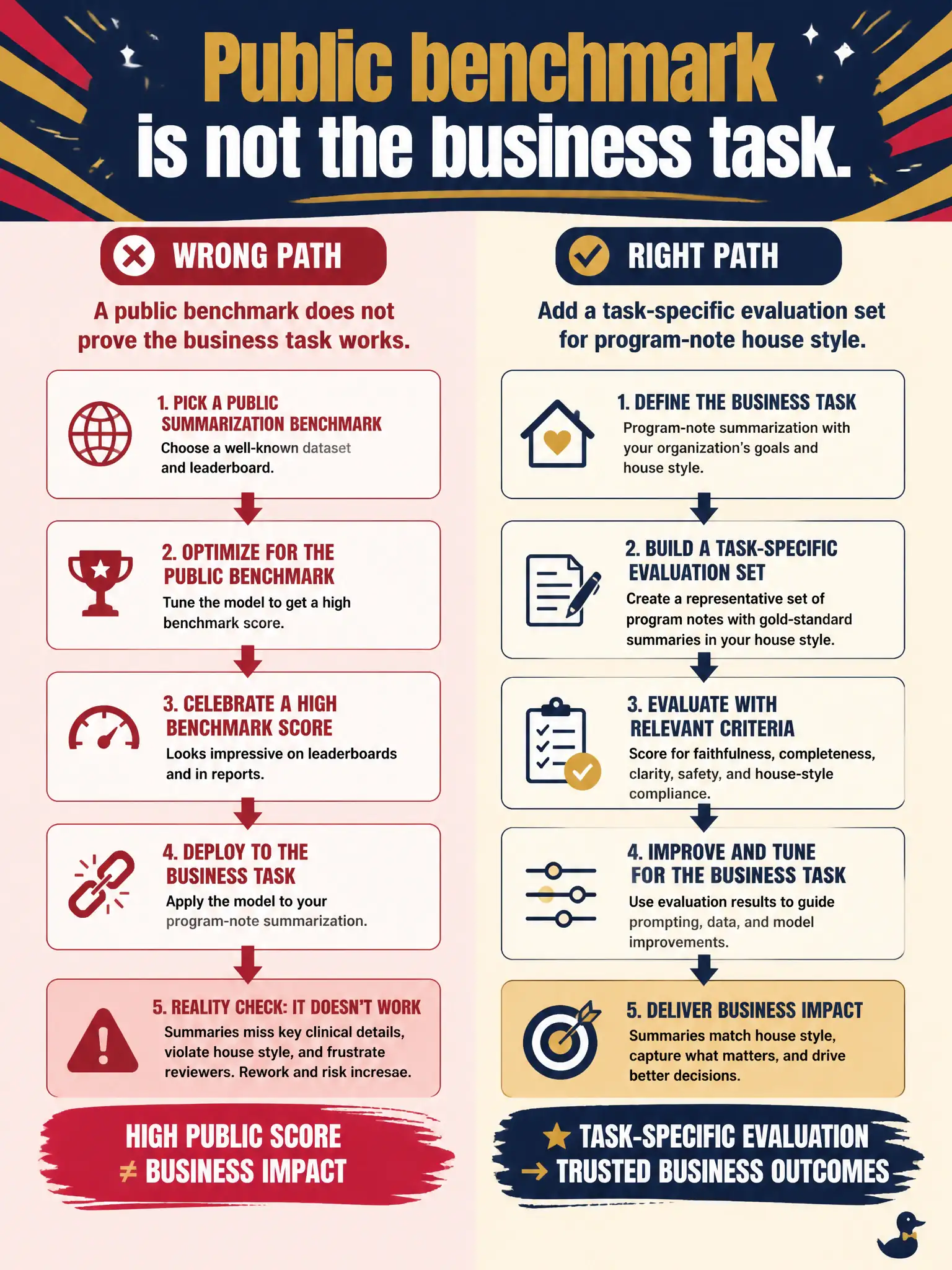 To Create an exciting colorful infographic that explains the concepts in the question: Question: A community wind-ensemble helper scores high on a public summarization benchmark but fails on program-note house style. What should the team add? Correct Answer: A task-specific evaluation set, because a public benchmark does not prove the business task works. Put EVERY visible label in double quotes. No people. No A/B/C/D letters. In one of the four corners put a little "Navy Duck".