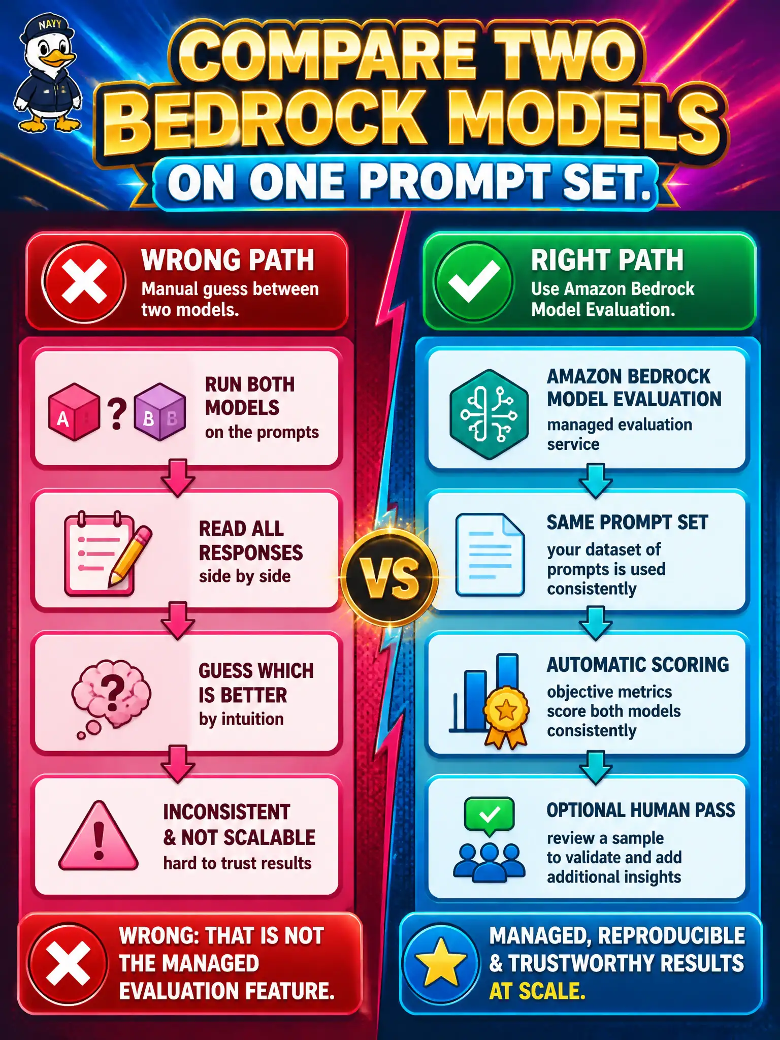 To Create an exciting colorful infographic that explains the concepts in the question: Question: The same wind ensemble wants a managed way to compare two Bedrock models on the same prompt set, with automatic scoring and an optional human pass. Which AWS feature is that? Correct Answer: Amazon Bedrock Model Evaluation. Put EVERY visible label in double quotes. No people. No A/B/C/D letters. In one of the four corners put a little "Navy Duck".