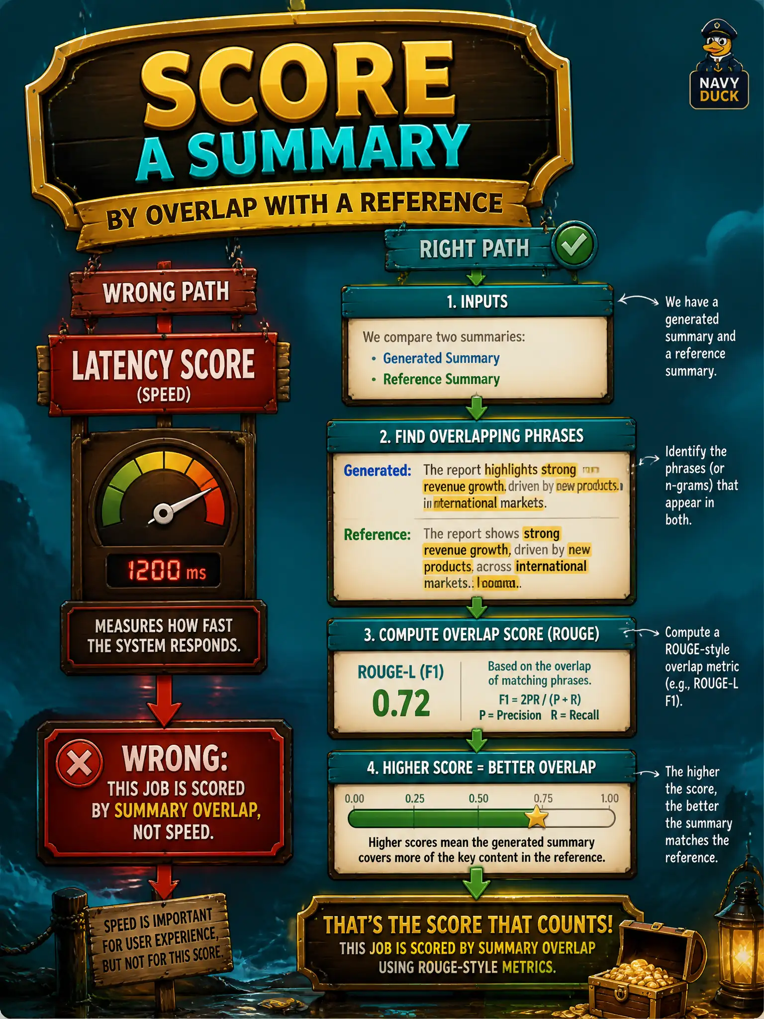 To Create an exciting colorful infographic that explains the concepts in the question: Question: A municipal rain-barrel newsletter job is scored by how much a generated summary overlaps a reference summary. Which metric family is that? Correct Answer: A ROUGE-style overlap metric, commonly used for summarization. Put EVERY visible label in double quotes. No people. No A/B/C/D letters. In one of the four corners put a little "Navy Duck".