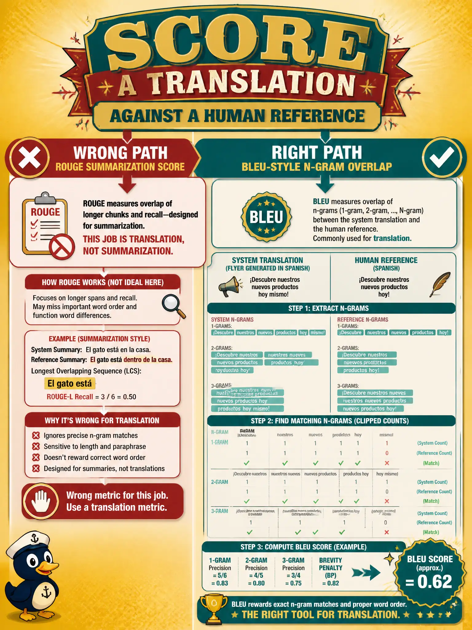 To Create an exciting colorful infographic that explains the concepts in the question: Question: A community flea-market flyer is generated in Spanish against a human reference translation. Which metric family should score that job? Correct Answer: A BLEU-style n-gram overlap metric, commonly used for translation. Put EVERY visible label in double quotes. No people. No A/B/C/D letters. In one of the four corners put a little "Navy Duck".