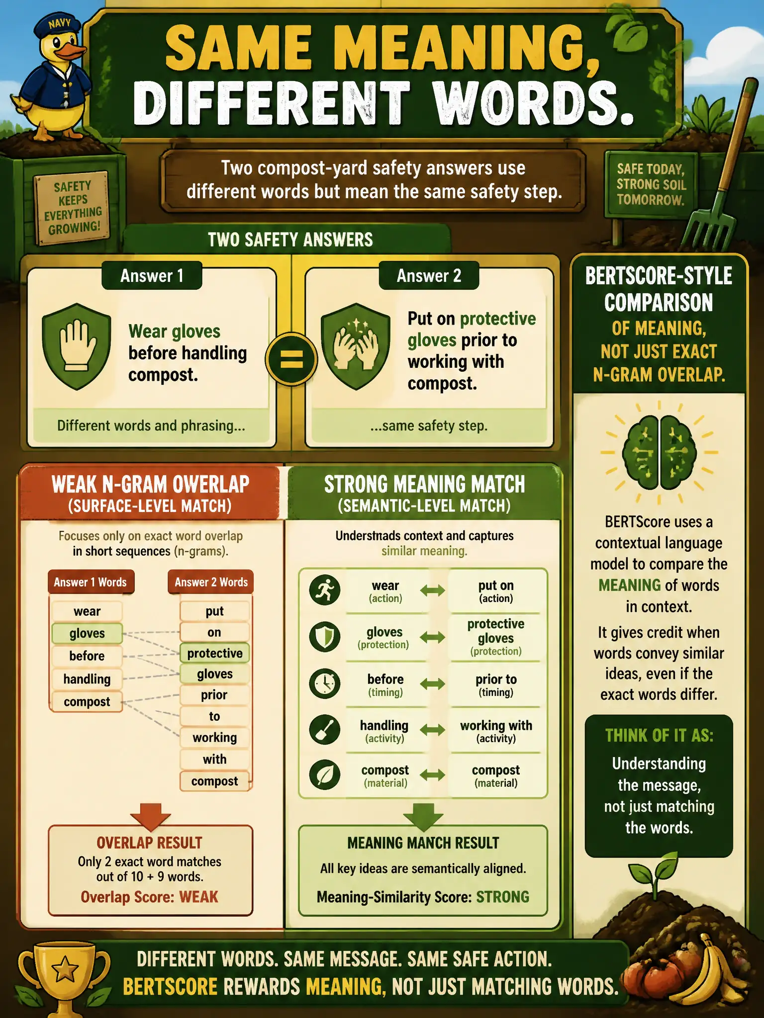 To Create an exciting colorful infographic that explains the concepts in the question: Question: Two municipal compost-yard answers use different words but mean the same safety step. Overlap scores look weak; a meaning-similarity score looks strong. Which comparison is that? Correct Answer: A BERTScore-style comparison of meaning, not just exact n-gram overlap. Put EVERY visible label in double quotes. No people. No A/B/C/D letters. In one of the four corners put a little "Navy Duck".