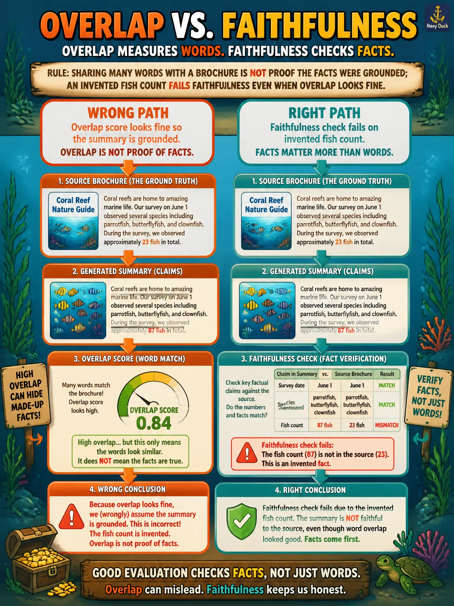 To Create an exciting colorful infographic that explains the concepts in the question: Question: A municipal fish-hatchery summary shares many words with the brochure but invents a fish count. The overlap score looks fine; a faithfulness check fails. What should the team conclude? Correct Answer: Overlap is not proof the facts were grounded. Put EVERY visible label in double quotes. No people. No A/B/C/D letters. In one of the four corners put a little "Navy Duck".