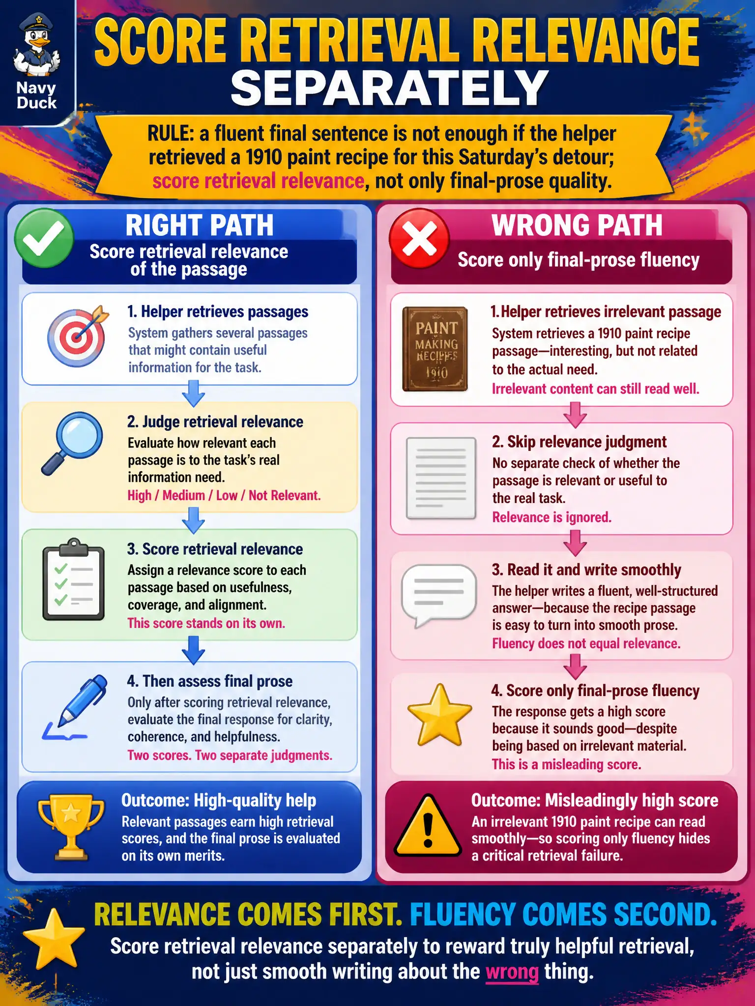 To Create an exciting colorful infographic that explains the concepts in the question: Question: A historic viaduct helper retrieves a 1910 paint recipe when asked about this Saturday’s detour. The final sentence is fluent; the retrieved passage was irrelevant. What should be scored separately? Correct Answer: Retrieval relevance, not only final-prose quality. Put EVERY visible label in double quotes. No people. No A/B/C/D letters. In one of the four corners put a little "Navy Duck".