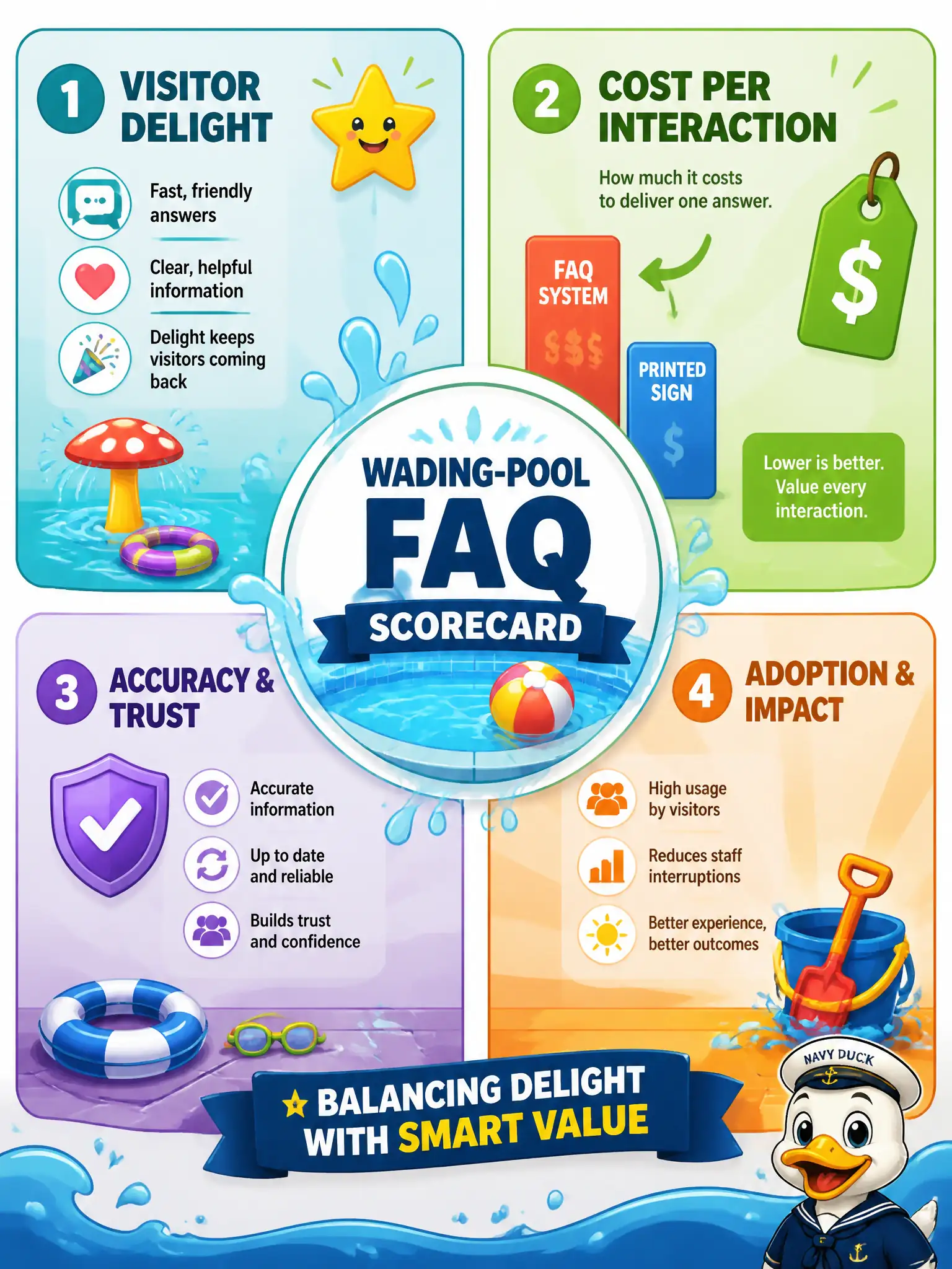 To Create an exciting colorful infographic that explains the concepts in the question: Question: A municipal wading-pool FAQ that delights visitors but costs more per answer than a printed sign fails the business case. Which scorecard item should have caught that? Correct Answer: Cost per interaction. Put EVERY visible label in double quotes. No people. No A/B/C/D letters. In one of the four corners put a little "Navy Duck".