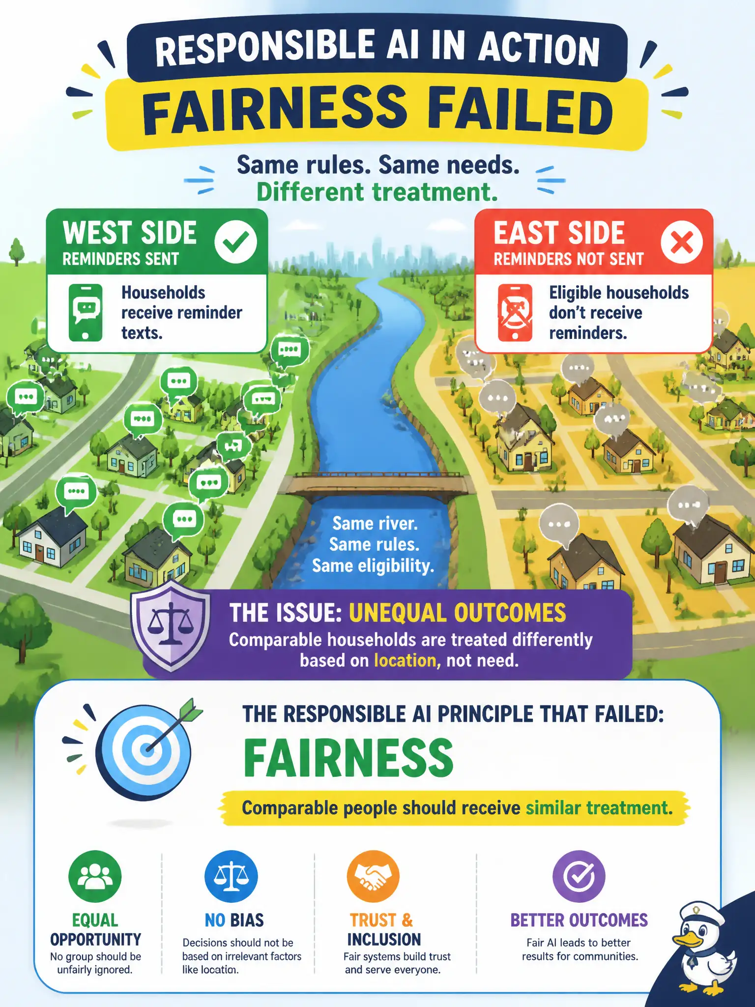 To Create an exciting colorful infographic that explains the concepts in the question: Question: A municipal bulk-trash signup scorer keeps sending reminder texts only to households on the west side of the river, even though east-side households meet the same eligibility rules. Which responsible-AI feature failed? Correct Answer: Fairness: comparable people should receive similar treatment. Put EVERY visible label in double quotes. No people. No A/B/C/D letters. In one of the four corners put a little "Navy Duck".